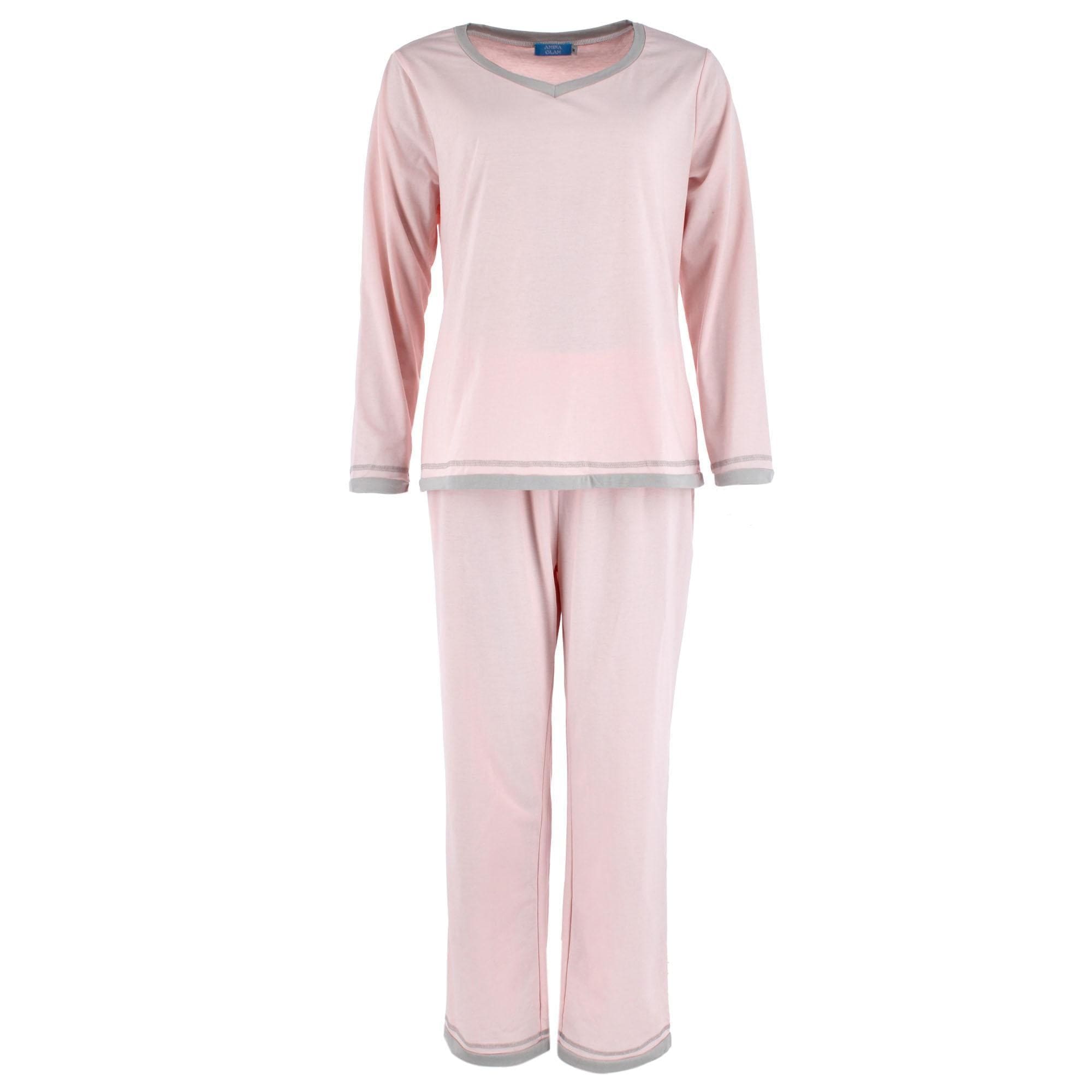 CTM® Women's Cotton Blend Long Sleeve V-Neck Pajama Set - Pink