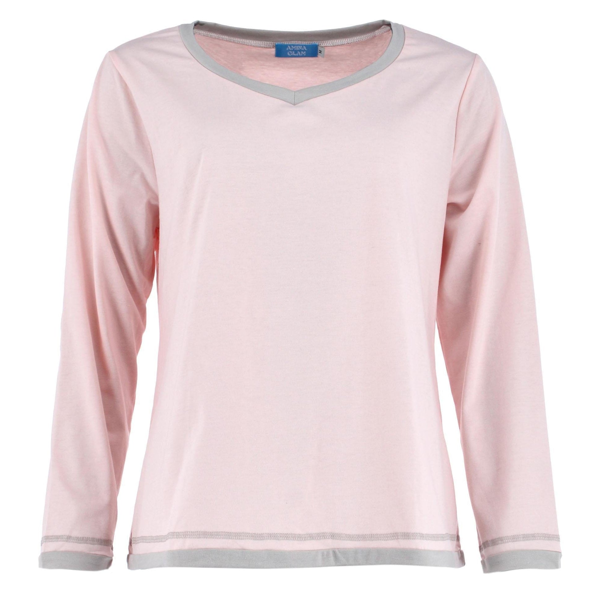 CTM® Women's Cotton Blend Long Sleeve V-Neck Pajama Set - Pink