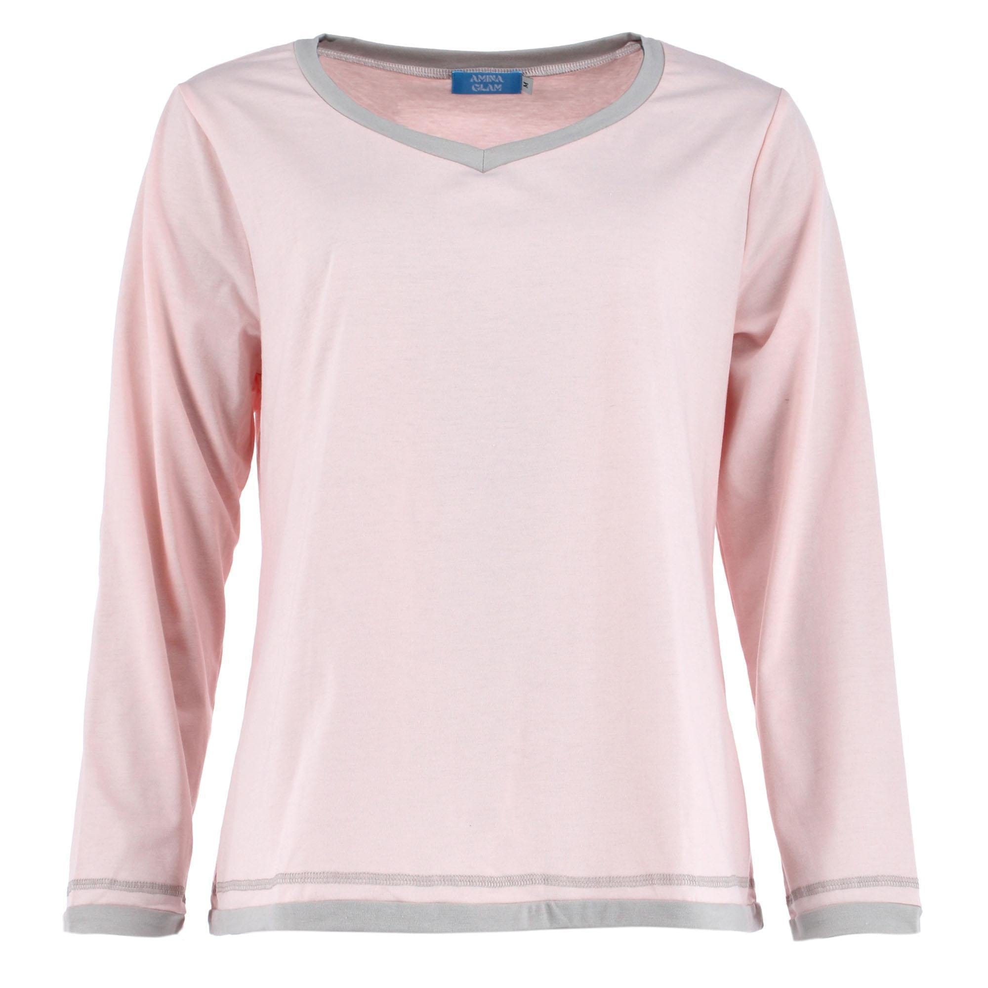 CTM® Women's Cotton Blend Long Sleeve V-Neck Pajama Set - Pink