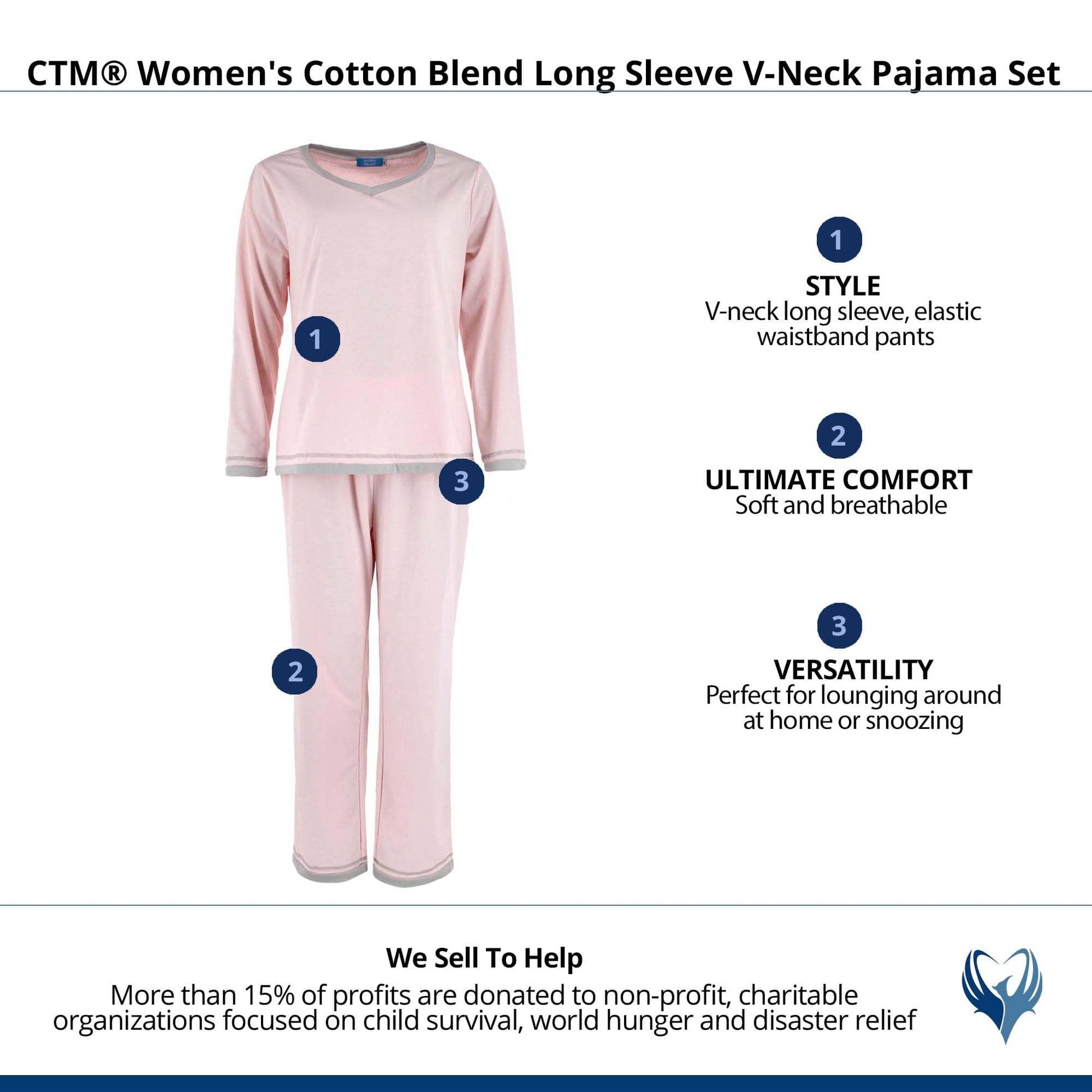 CTM® Women's Cotton Blend Long Sleeve V-Neck Pajama Set - Pink