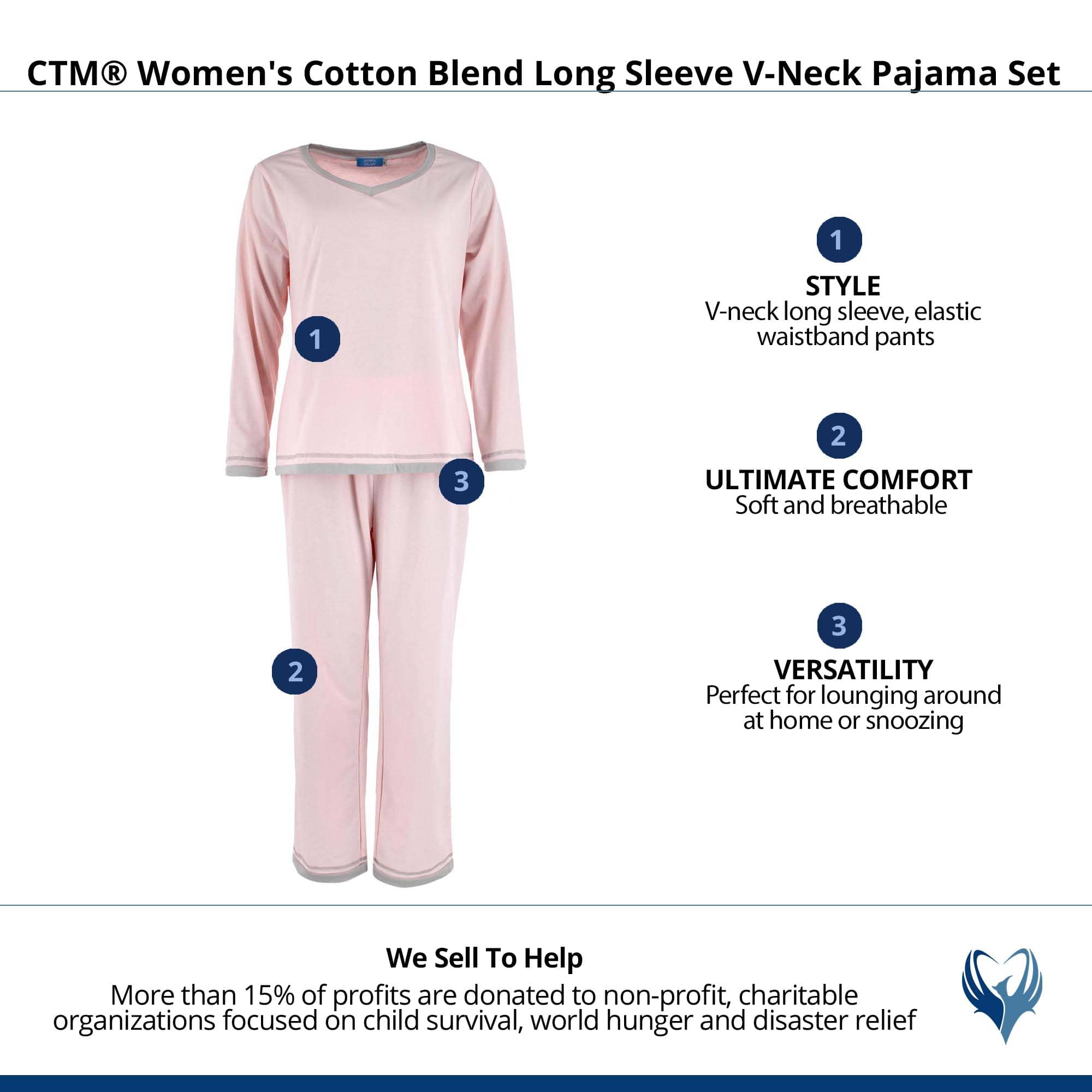 CTM® Women's Cotton Blend Long Sleeve V-Neck Pajama Set - Pink