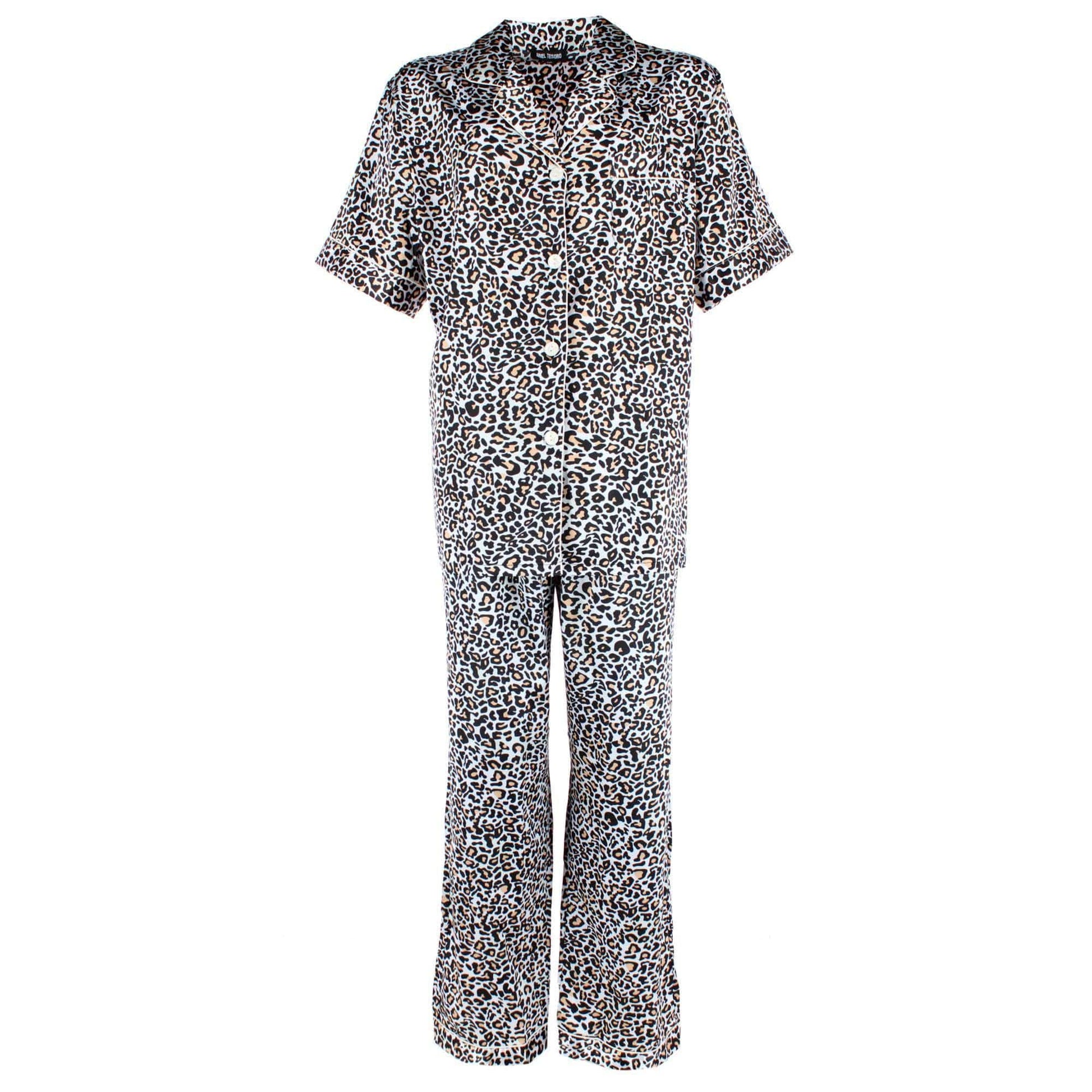 CTM® Women's Plus Size Satin Leopard Print Pajama Set - Beige