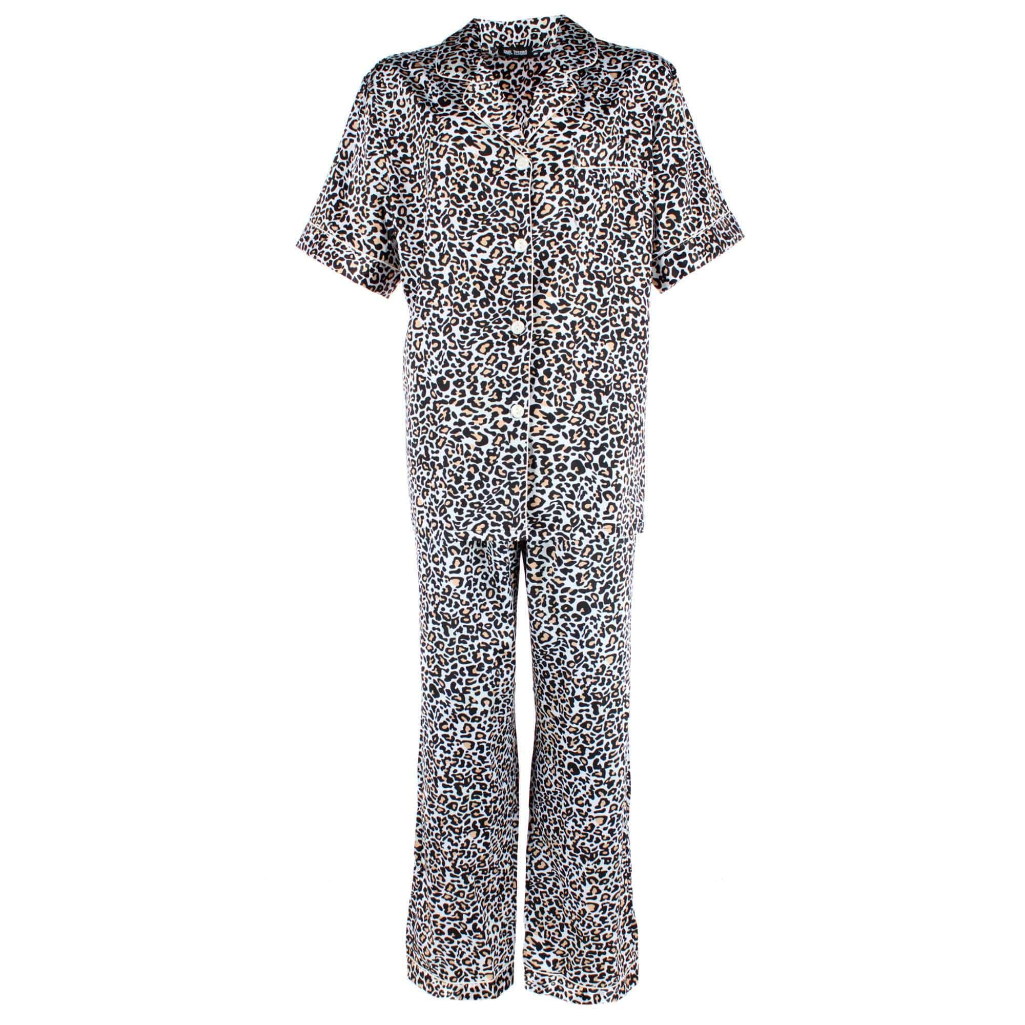 CTM® Women's Plus Size Satin Leopard Print Pajama Set - Beige