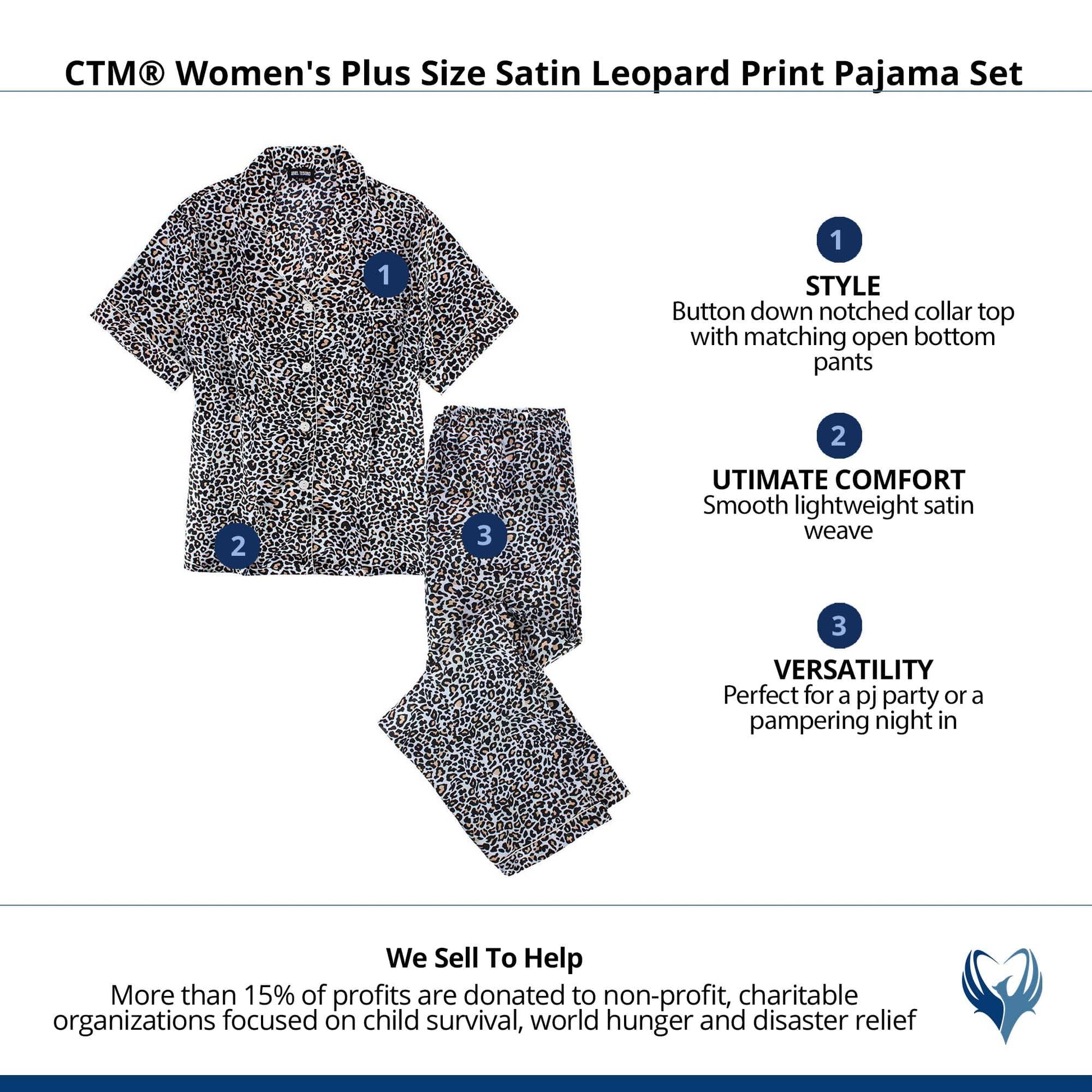 CTM® Women's Plus Size Satin Leopard Print Pajama Set - Beige