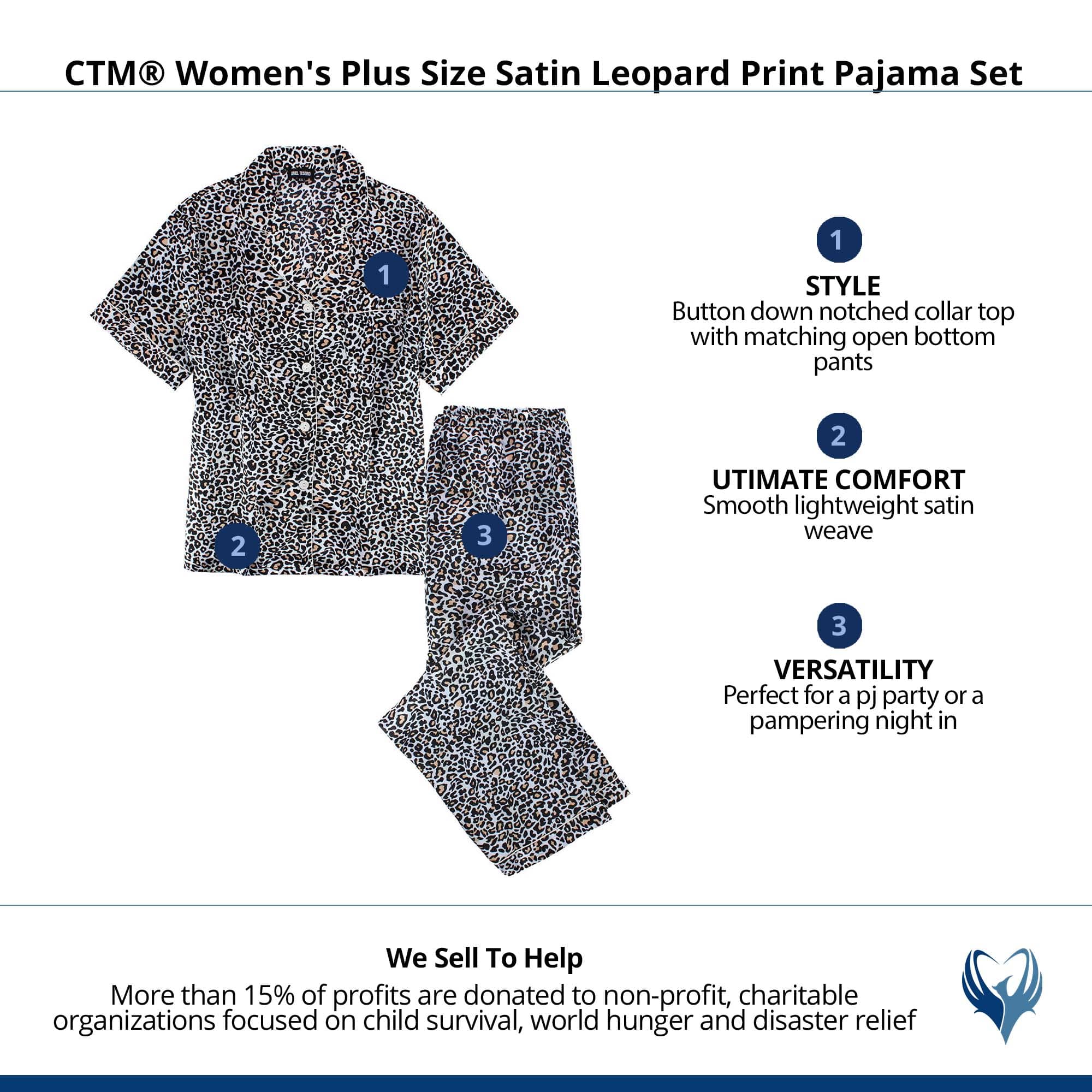 CTM® Women's Plus Size Satin Leopard Print Pajama Set - Beige