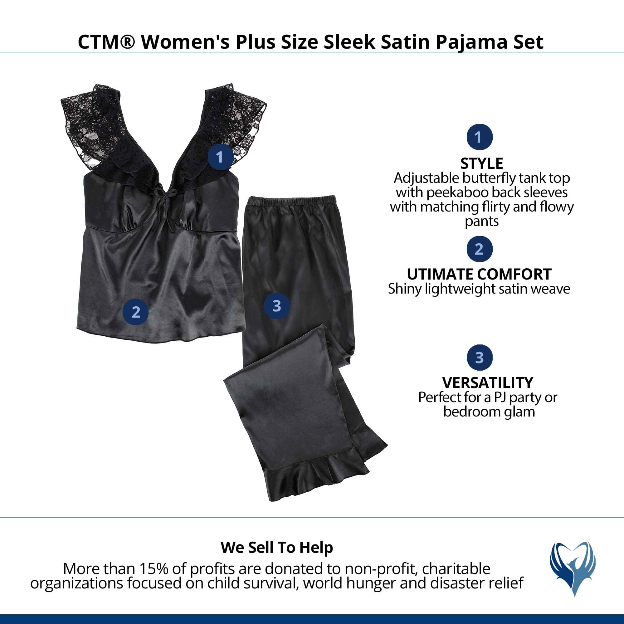 CTM® Women's Plus Size Sleek Satin Pajama Set - Black