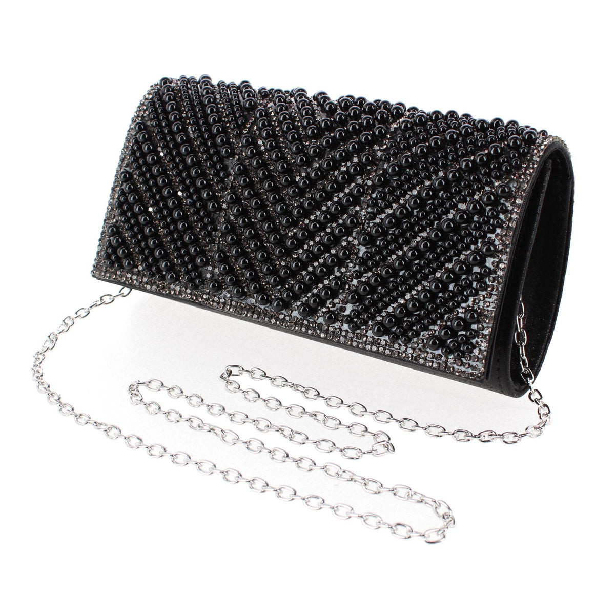 CTM® Women's Synthetic Rhinestone and Pearl Evening Clutch Handbag - Black