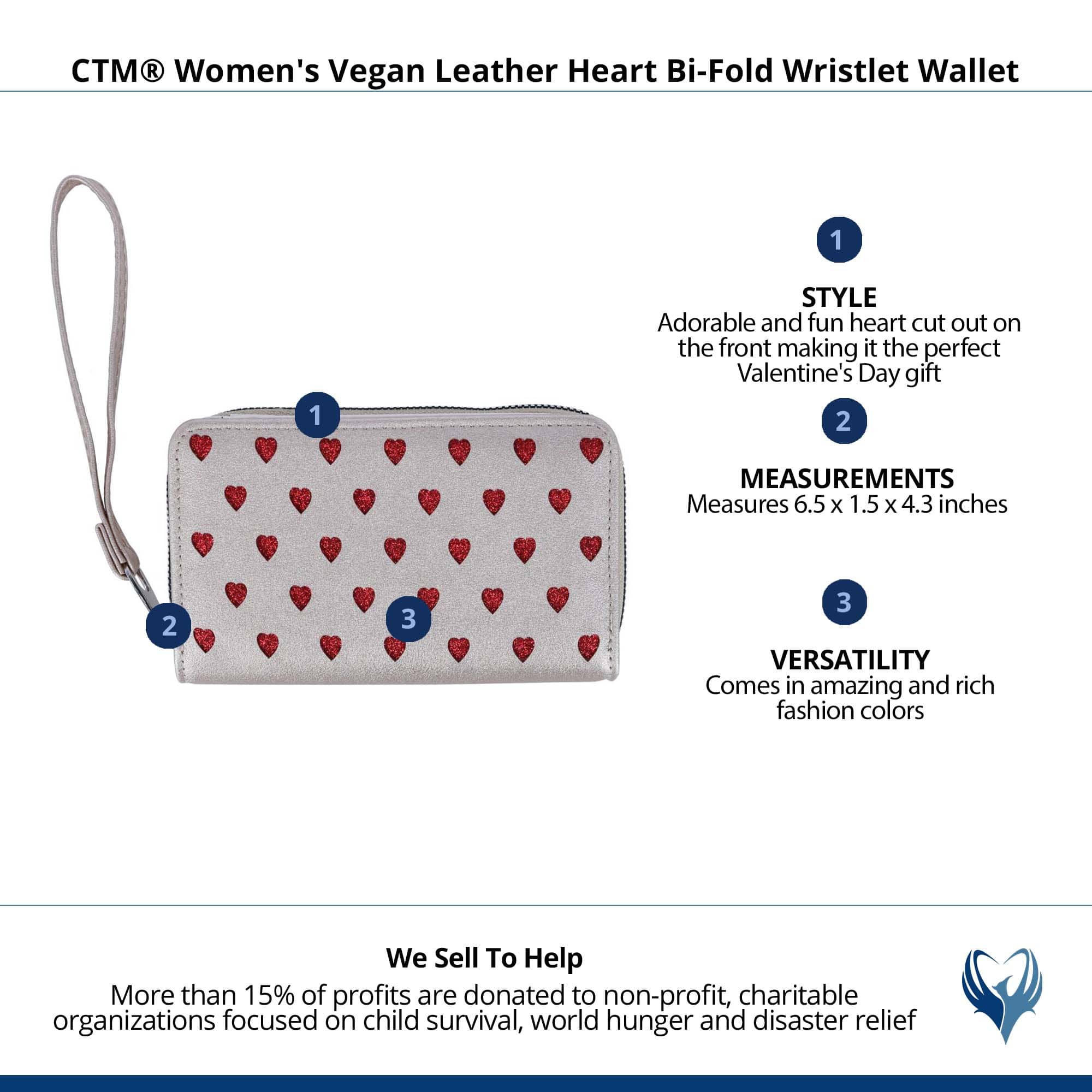 CTM® Women's Vegan Leather Heart Bi-Fold Wristlet Wallet - Light Gold