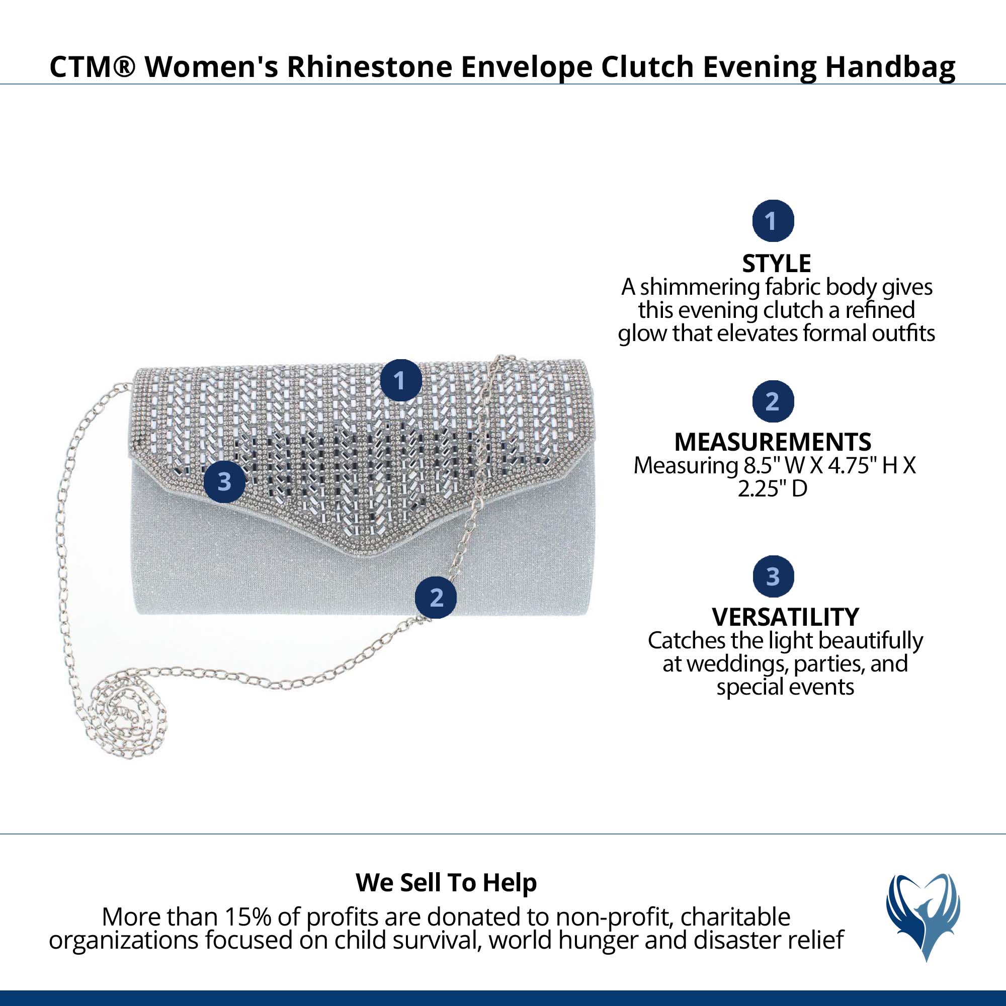 CTM® Women's Rhinestone Envelope Clutch Evening Handbag - Silver
