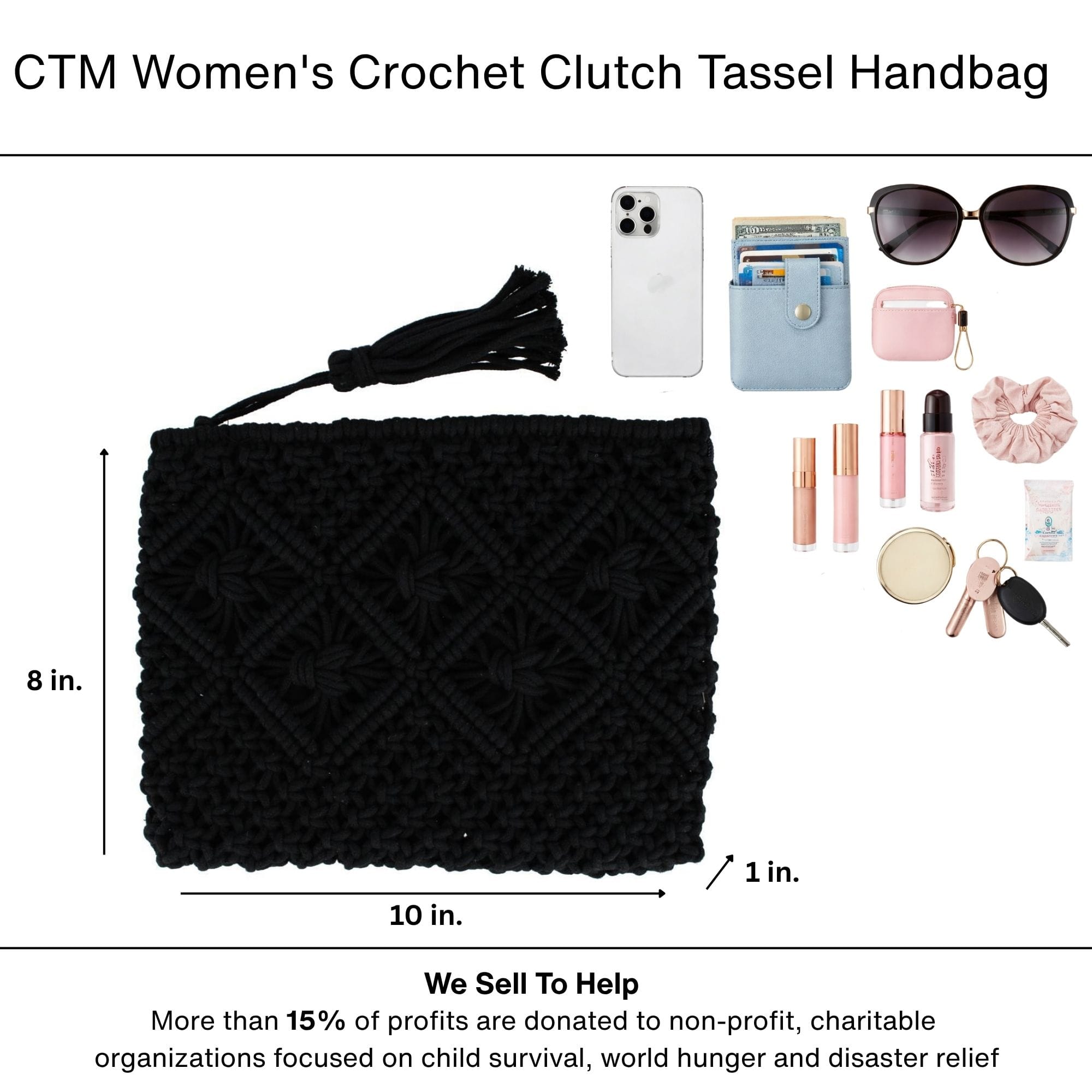 CTM® Women's Crochet Clutch Tassel Handbag - Black
