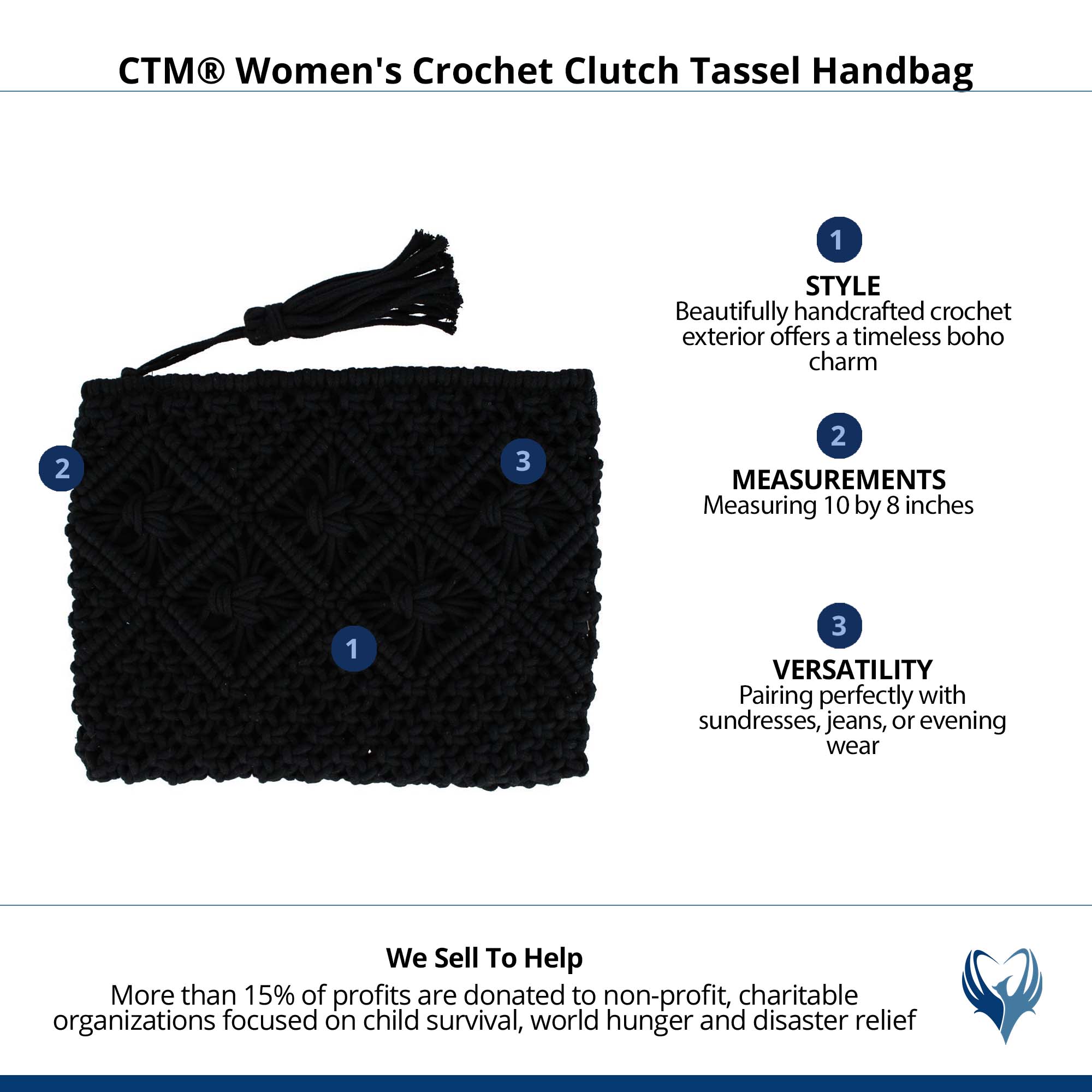 CTM® Women's Crochet Clutch Tassel Handbag - Black