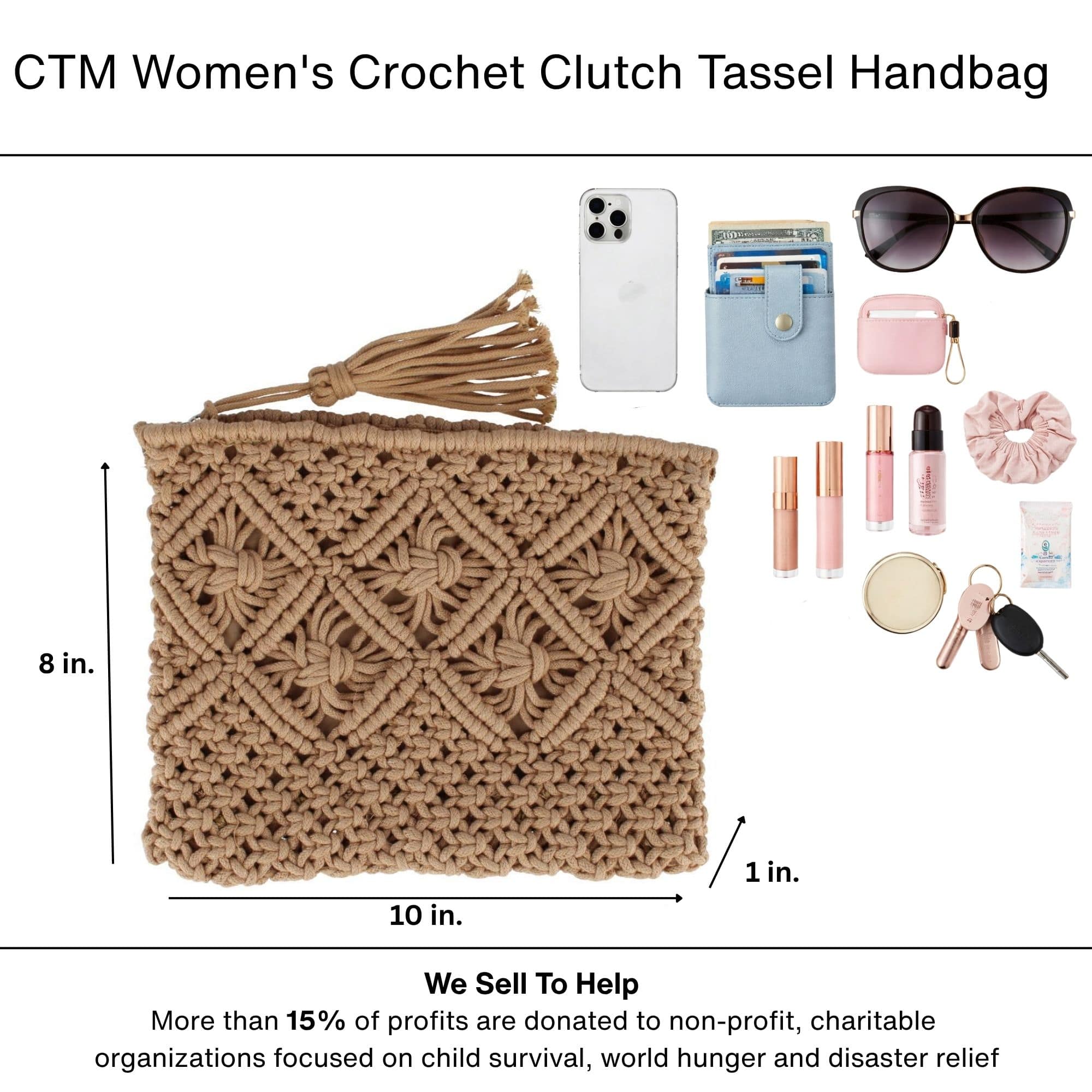 CTM® Women's Crochet Clutch Tassel Handbag - Tan