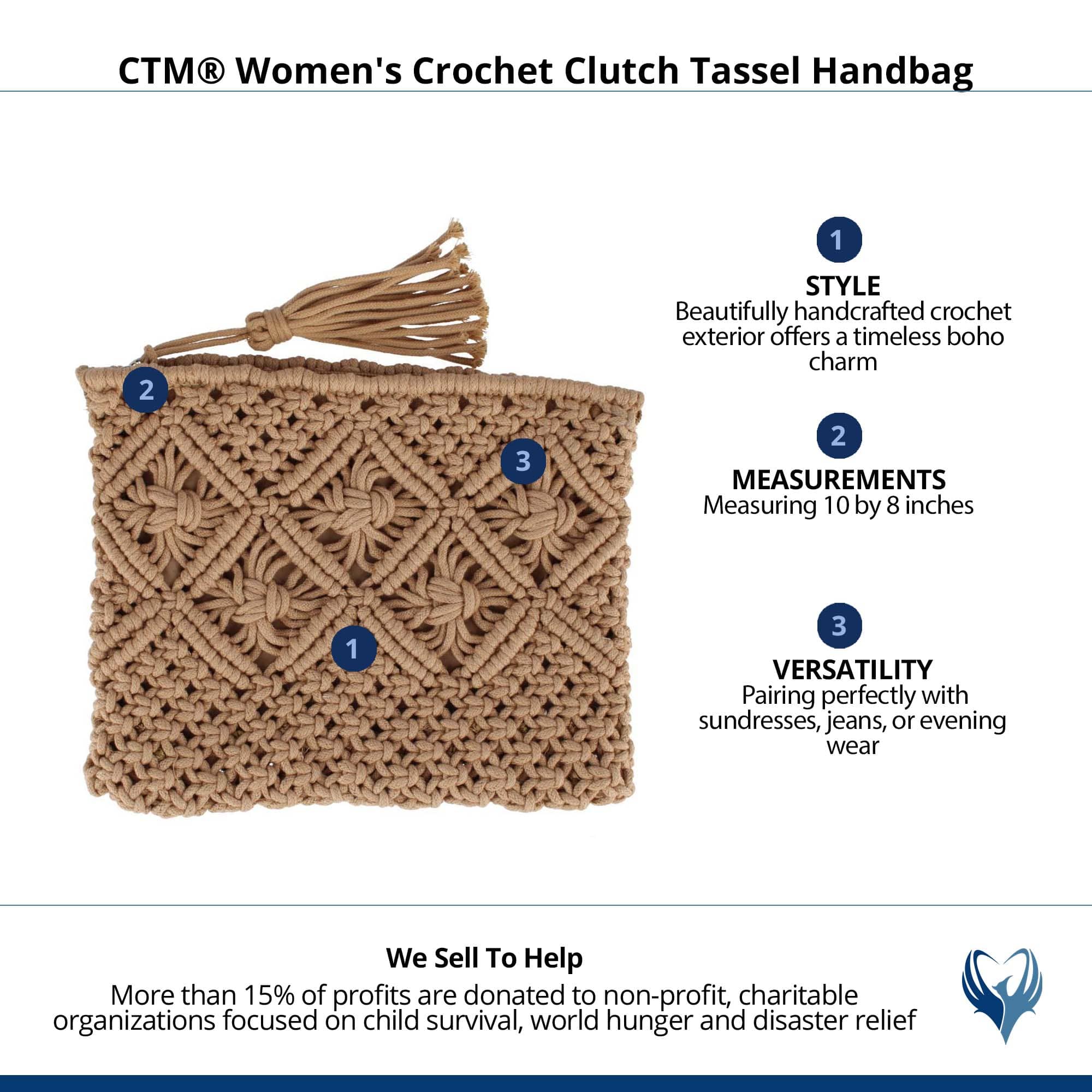 CTM® Women's Crochet Clutch Tassel Handbag - Tan