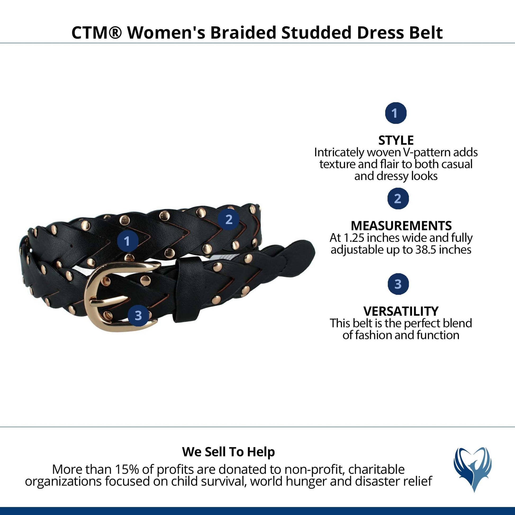 CTM® Women's Braided Studded Dress Belt - Black