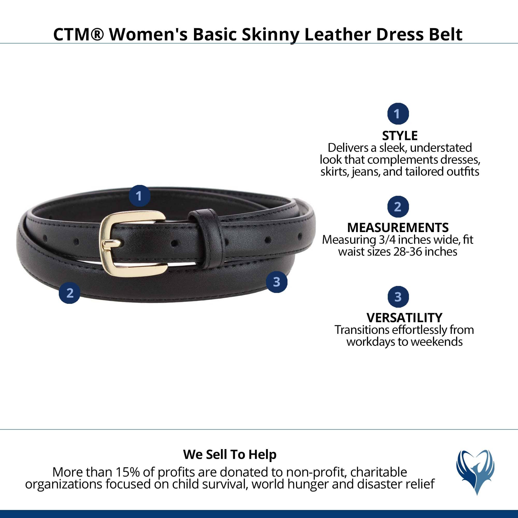CTM® Women's Basic Skinny Leather Dress Belt - Black