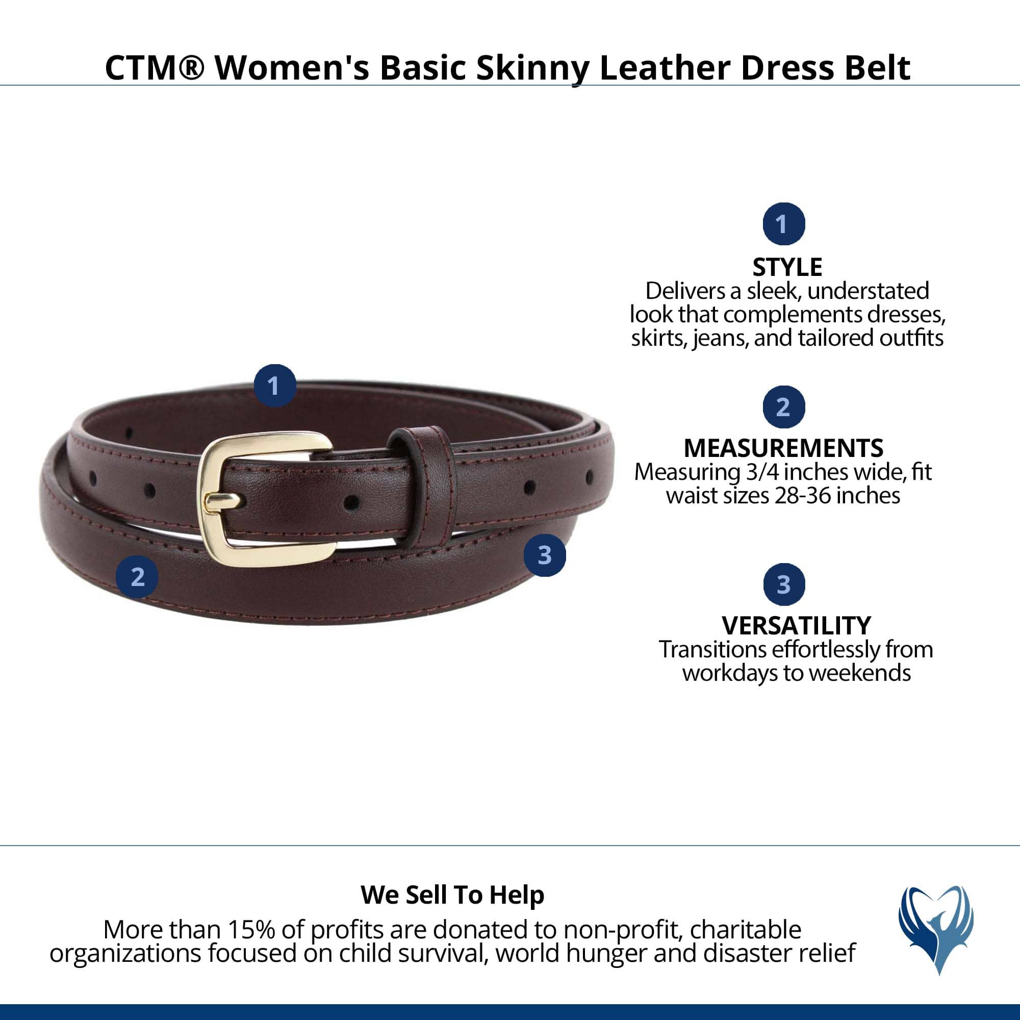 CTM® Women's Basic Skinny Leather Dress Belt - Brown