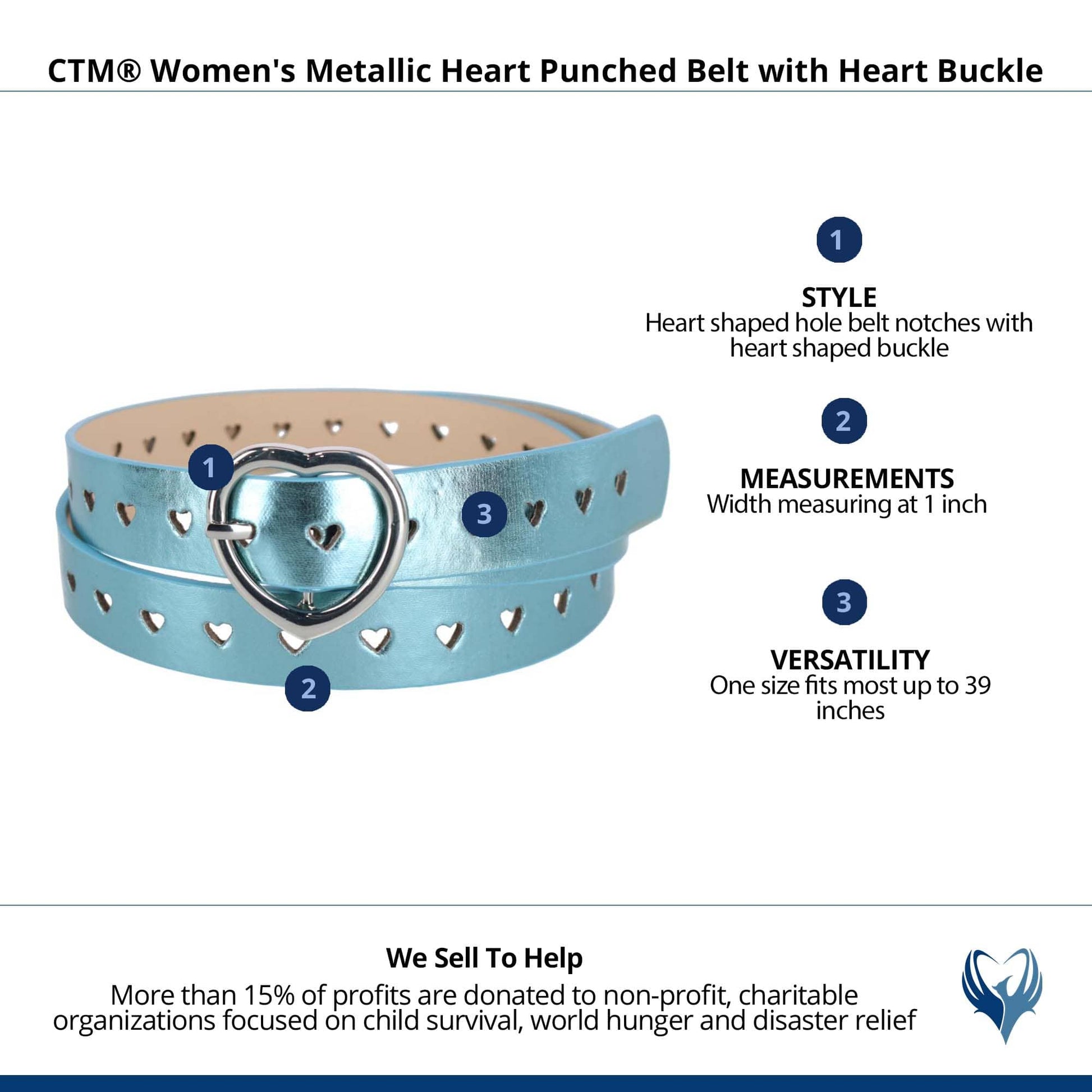 CTM® Women's Metallic Heart Punched Belt with Heart Buckle - Blue