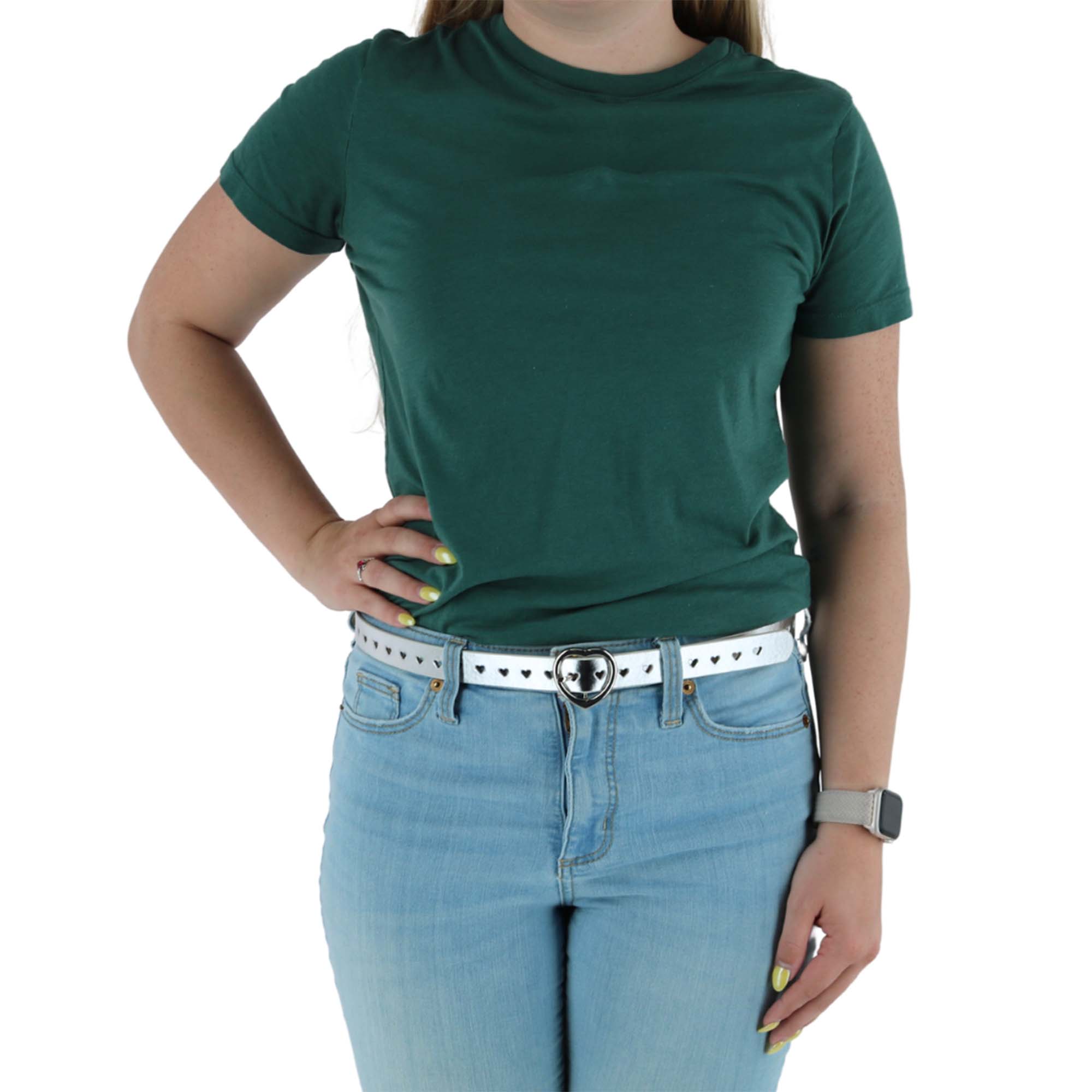 CTM® Women's Metallic Heart Punched Belt with Heart Buckle - Silver