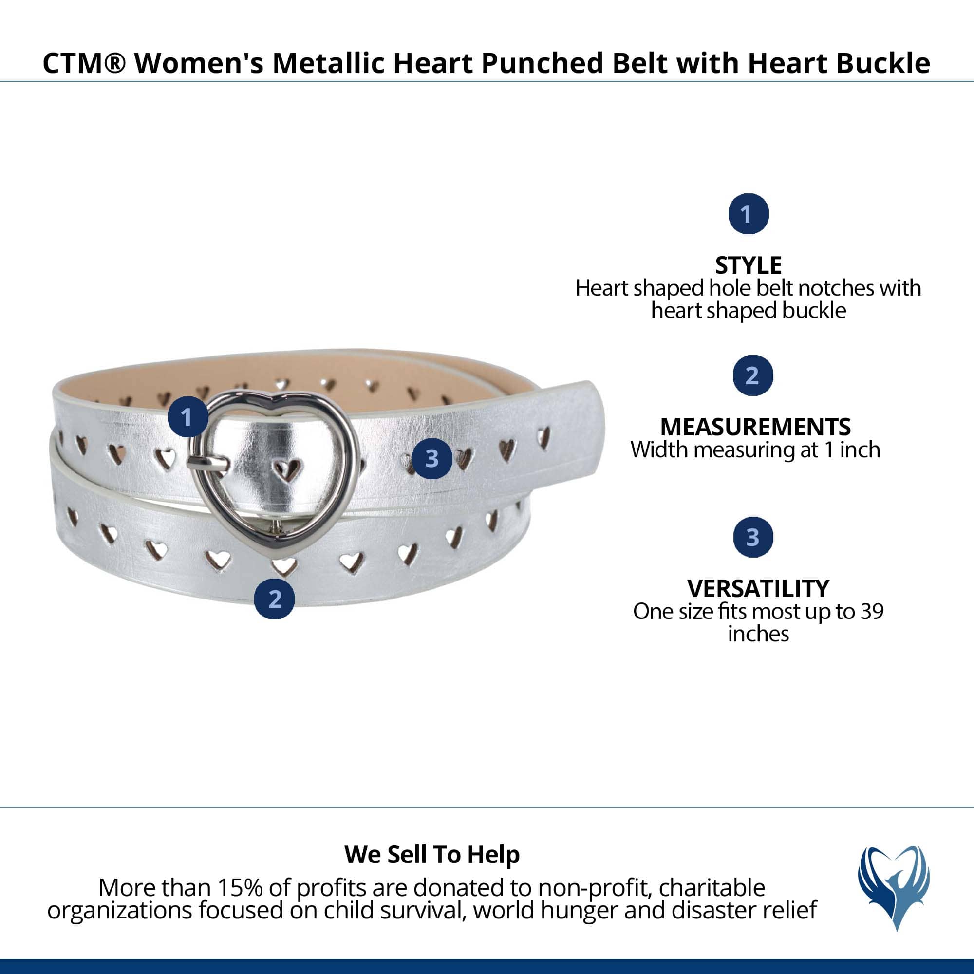CTM® Women's Metallic Heart Punched Belt with Heart Buckle - Silver