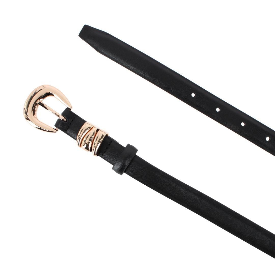 CTM® Women's Skinny Leather Dress Belt with Keeper Detail - Black/Gold