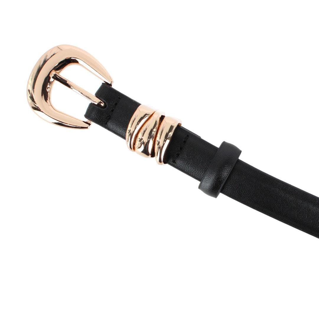 CTM® Women's Skinny Leather Dress Belt with Keeper Detail - Black/Gold