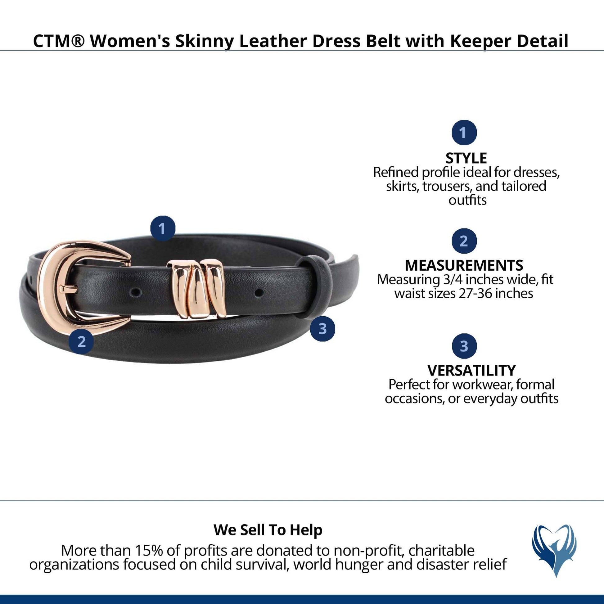 CTM® Women's Skinny Leather Dress Belt with Keeper Detail - Black/Gold