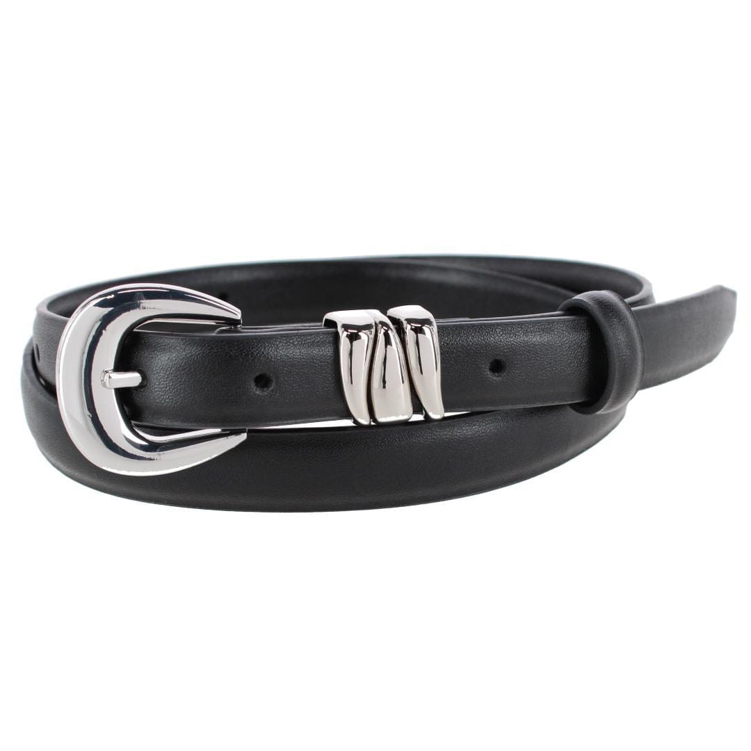 CTM® Women's Skinny Leather Dress Belt with Keeper Detail - Black/Silver