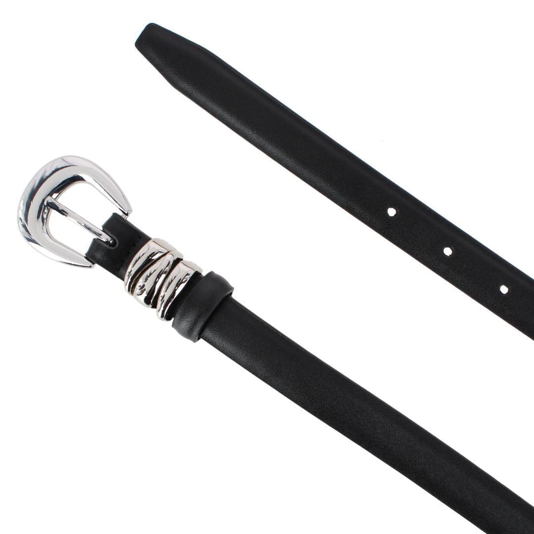 CTM® Women's Skinny Leather Dress Belt with Keeper Detail - Black/Silver