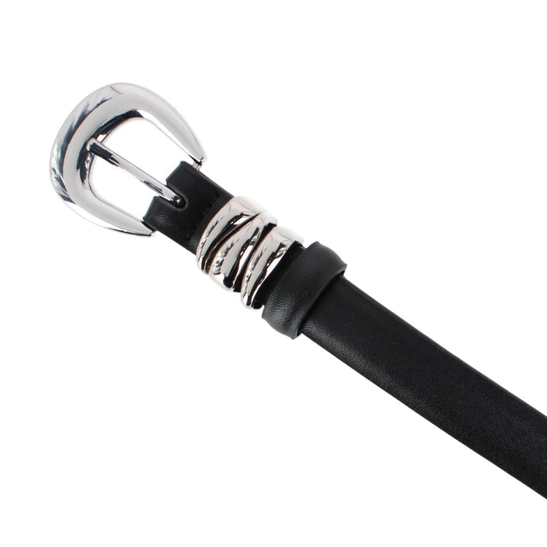 CTM® Women's Skinny Leather Dress Belt with Keeper Detail - Black/Silver