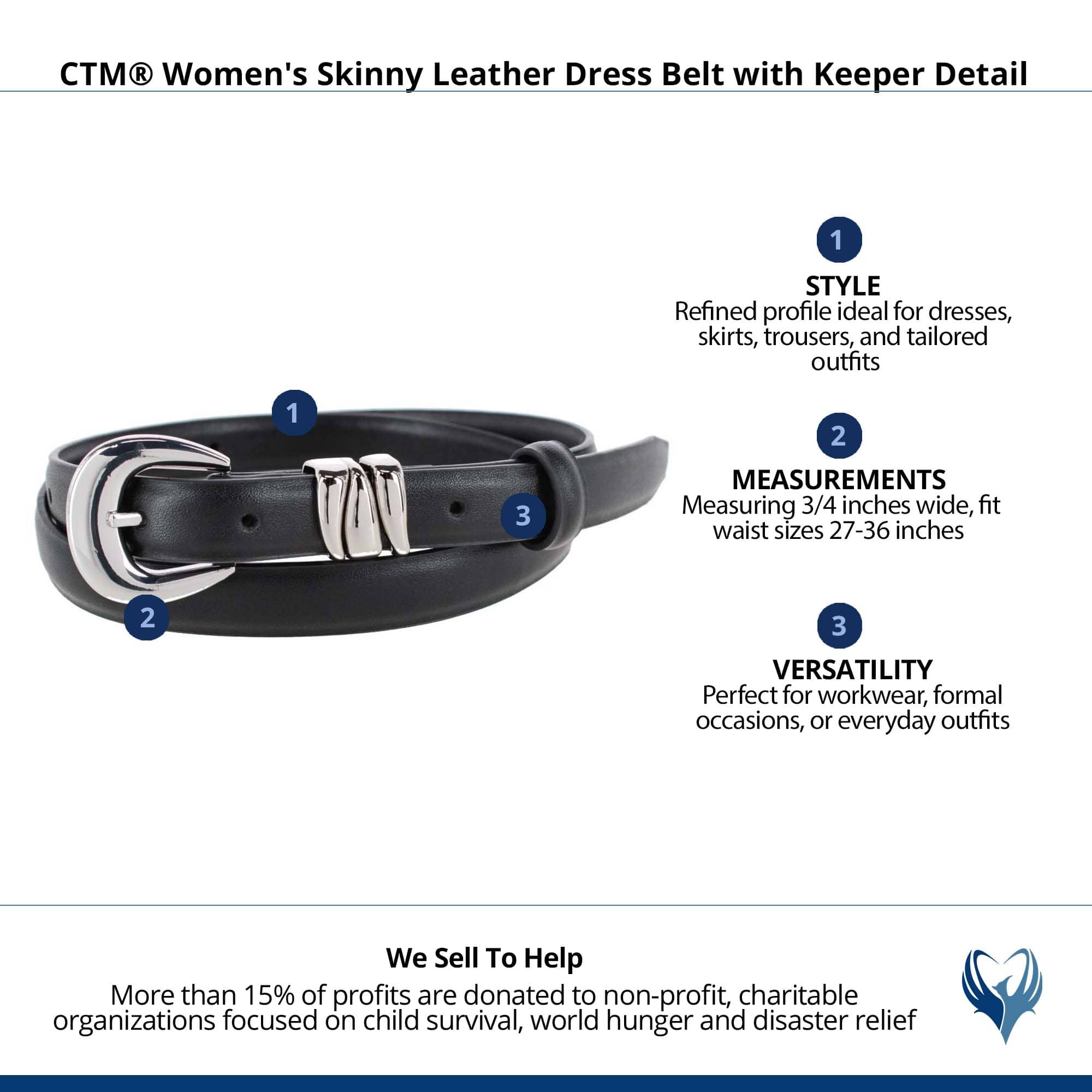 CTM® Women's Skinny Leather Dress Belt with Keeper Detail - Black/Silver