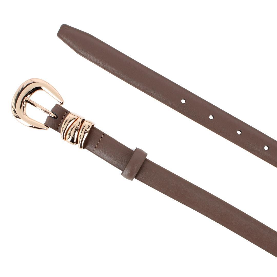 CTM® Women's Skinny Leather Dress Belt with Keeper Detail - Brown/Gold