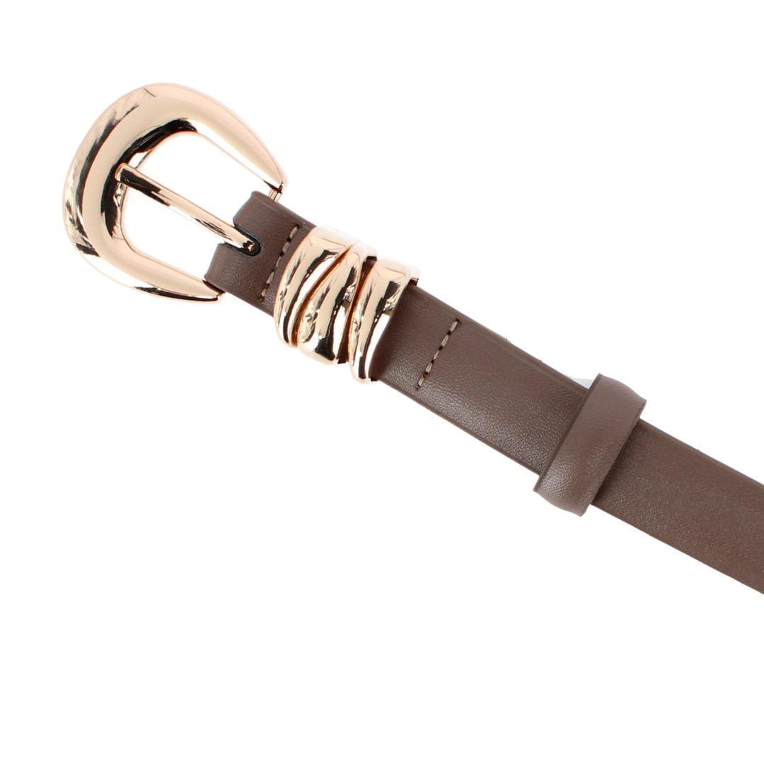 CTM® Women's Skinny Leather Dress Belt with Keeper Detail - Brown/Gold
