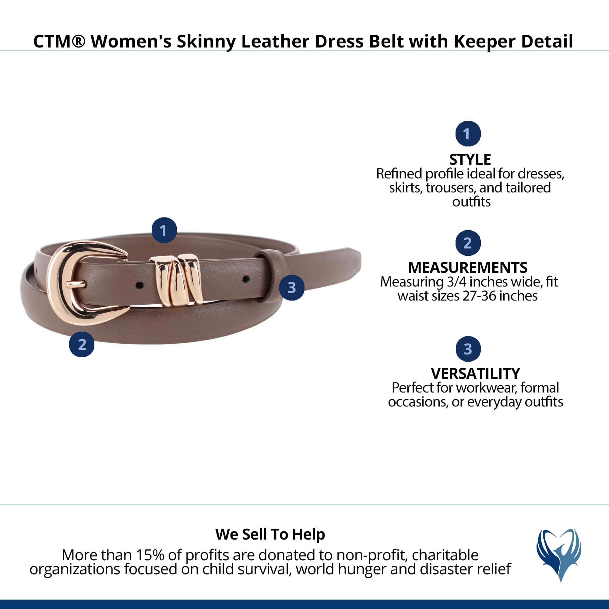 CTM® Women's Skinny Leather Dress Belt with Keeper Detail - Brown/Gold