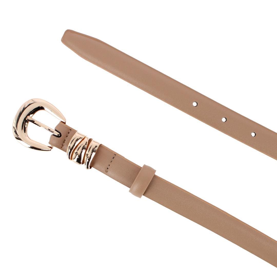 CTM® Women's Skinny Leather Dress Belt with Keeper Detail - Khaki/Gold