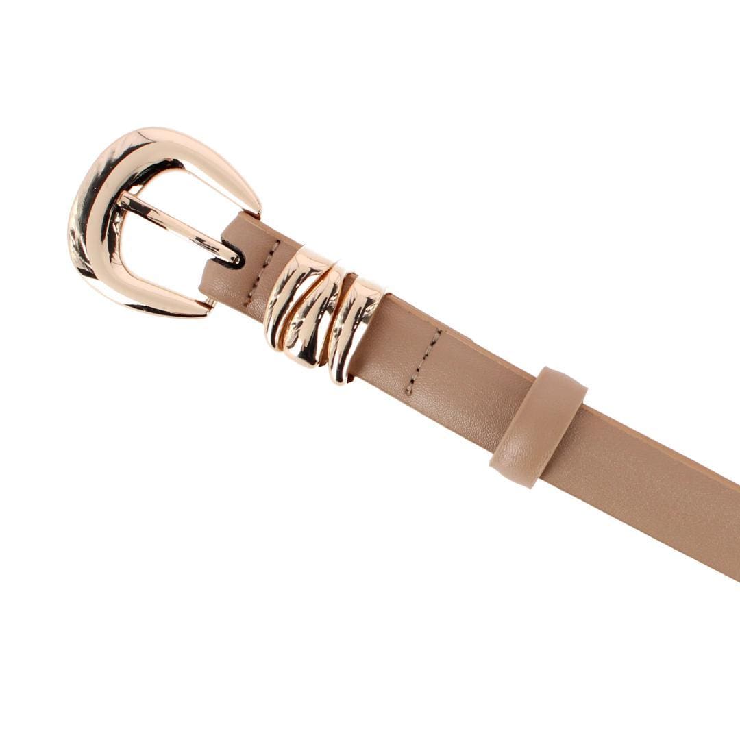 CTM® Women's Skinny Leather Dress Belt with Keeper Detail - Khaki/Gold