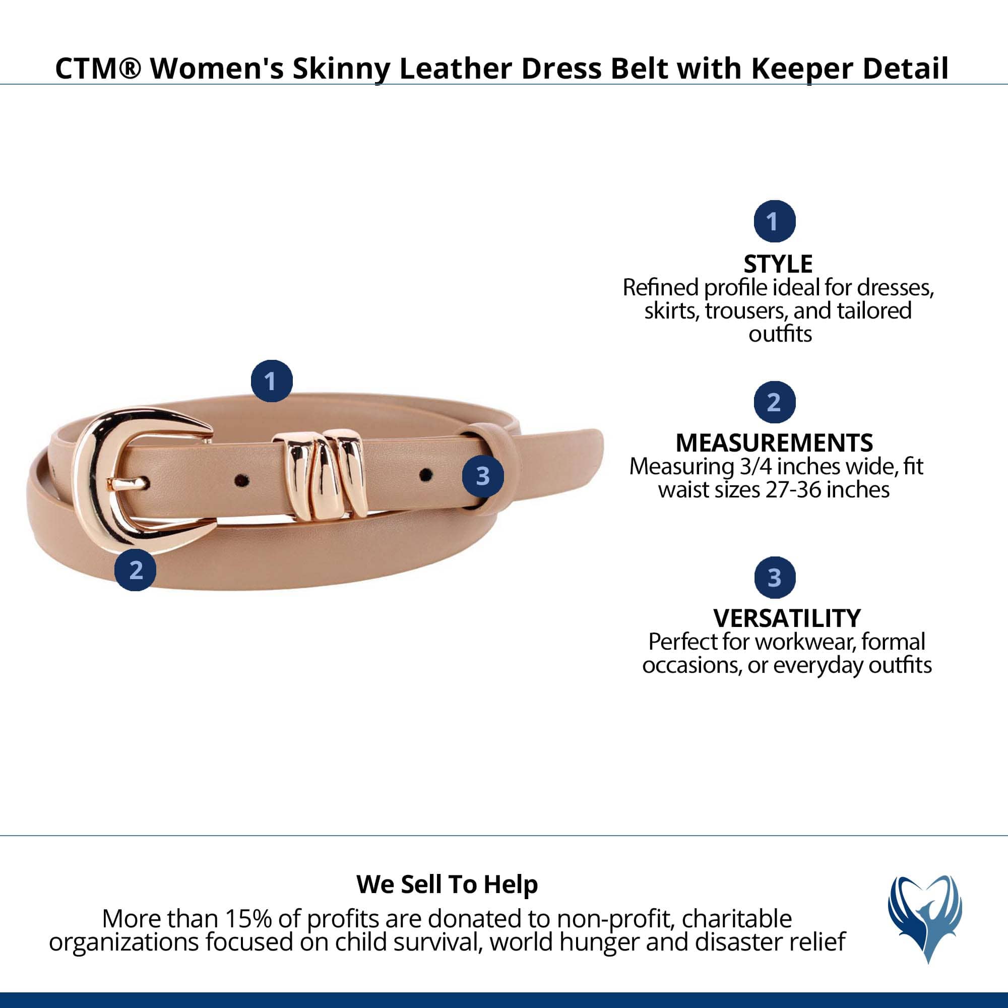CTM® Women's Skinny Leather Dress Belt with Keeper Detail - Khaki/Gold