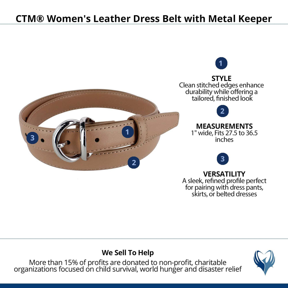 CTM® Women's Leather Dress Belt with Metal Keeper - Beige