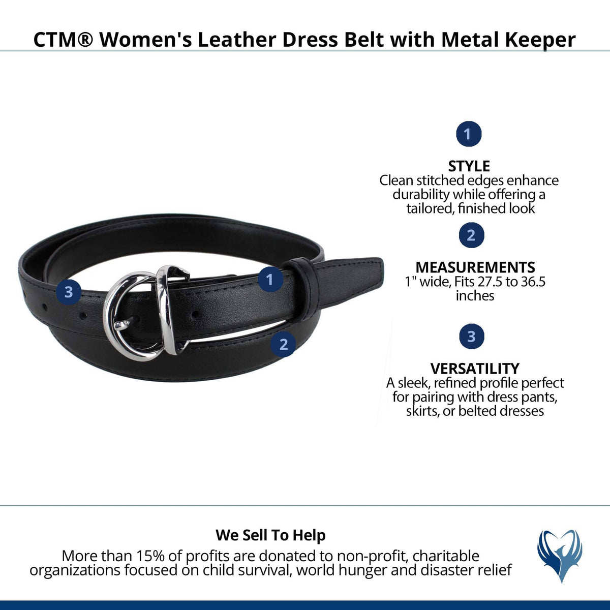 CTM® Women's Leather Dress Belt with Metal Keeper - Black