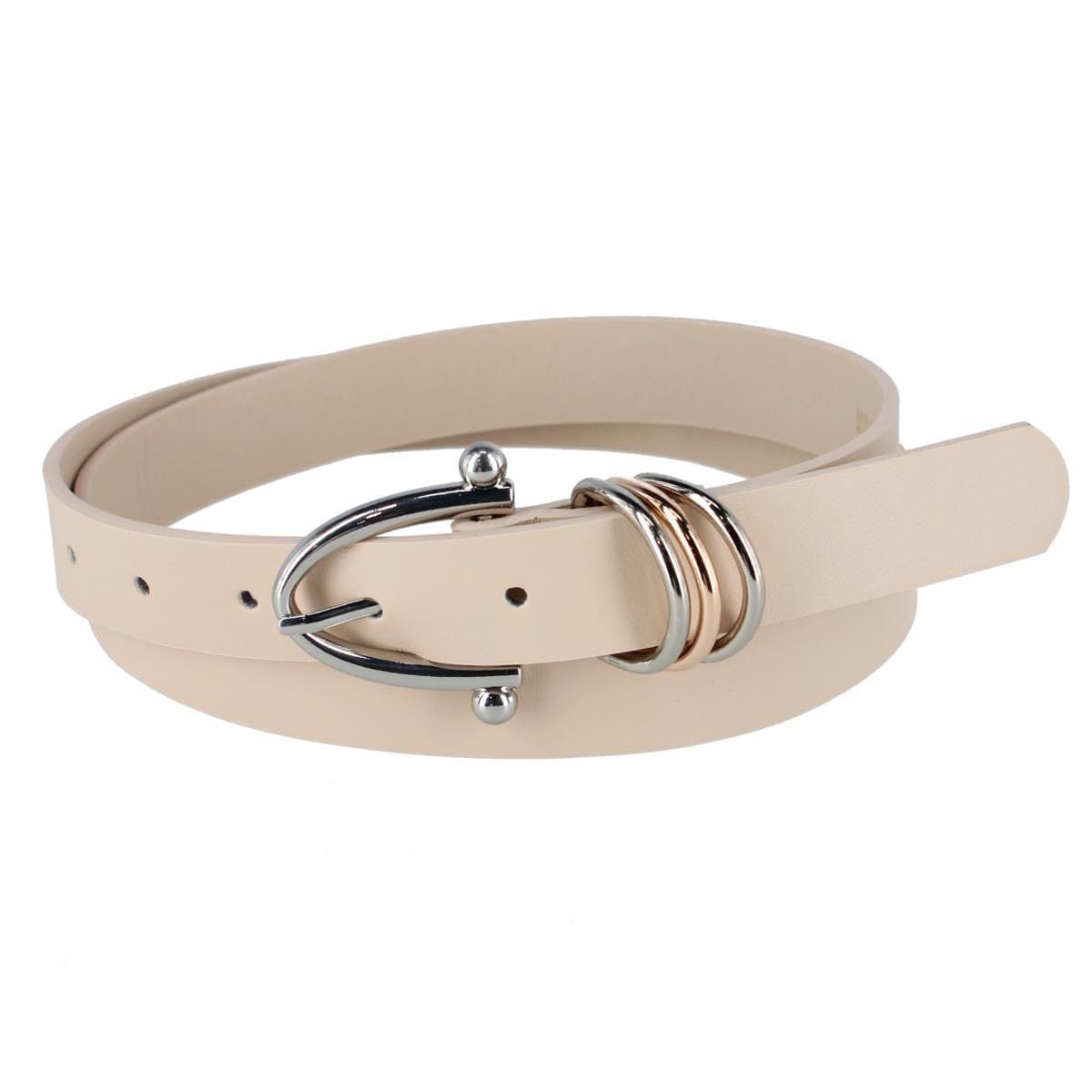 CTM® Women's Skinny Dress Belt with Triple Ring Detail - Beige with Silver Buckle