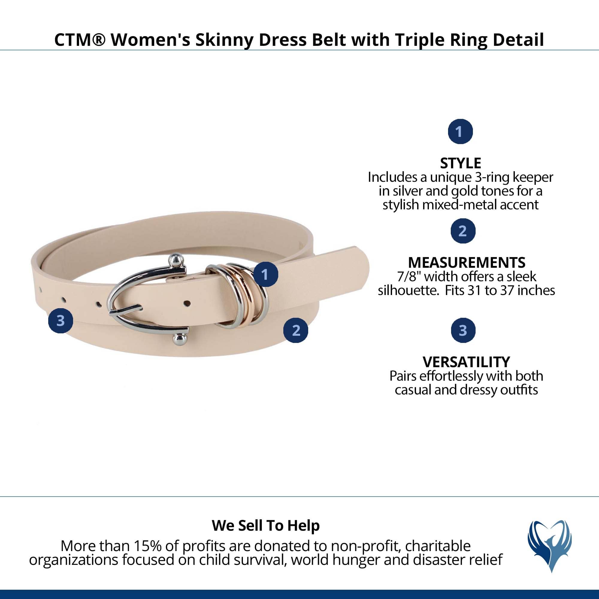 CTM® Women's Skinny Dress Belt with Triple Ring Detail - Beige with Silver Buckle
