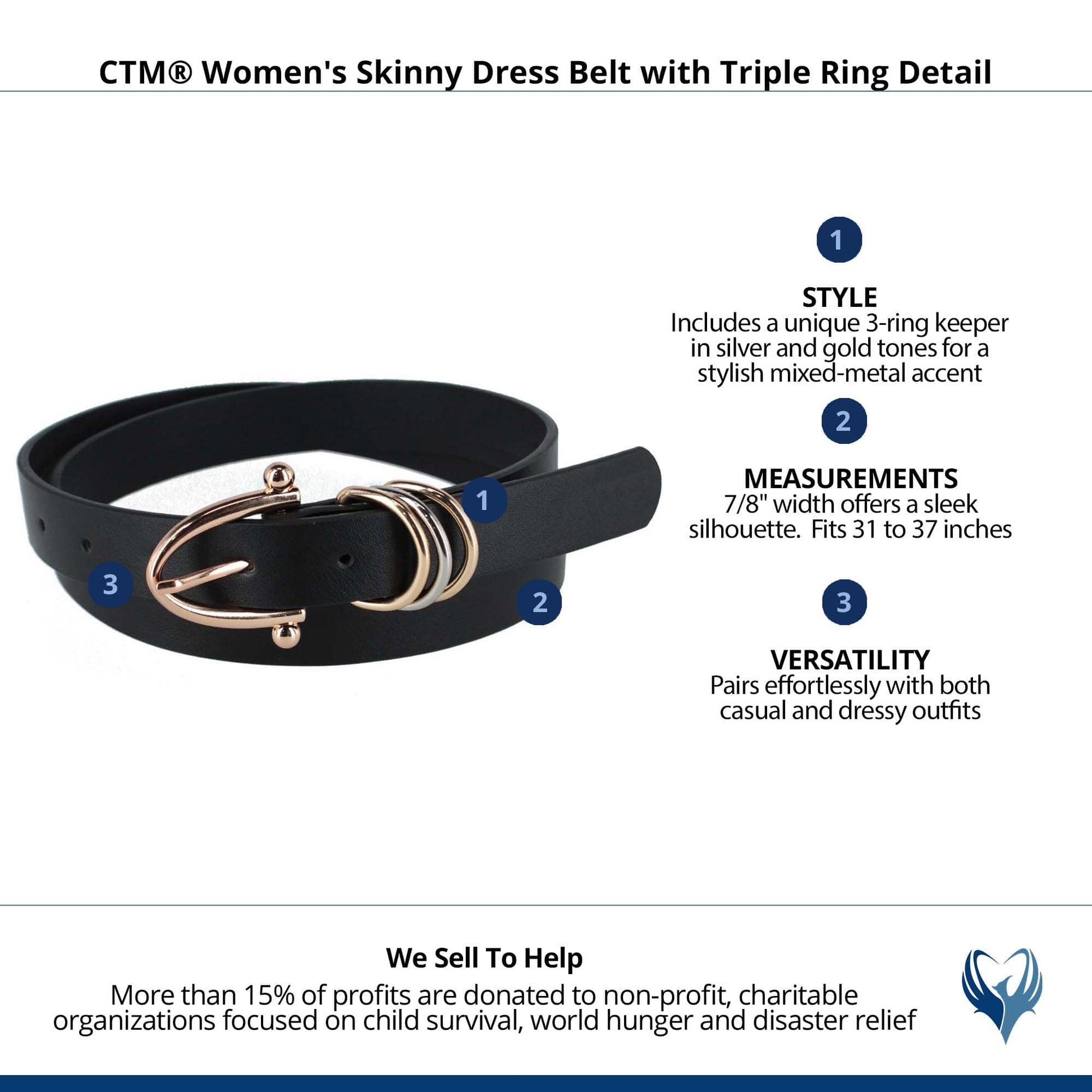 CTM® Women's Skinny Dress Belt with Triple Ring Detail - Black with Gold Buckle