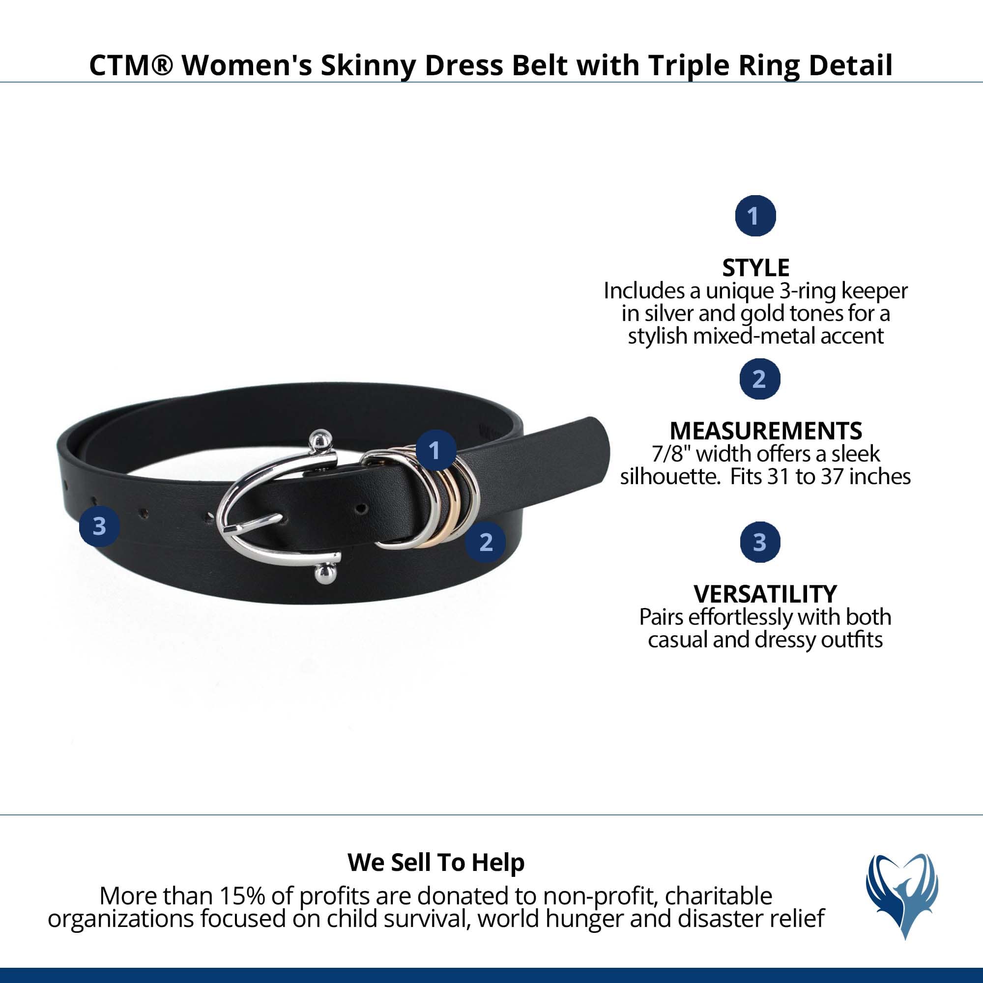 CTM® Women's Skinny Dress Belt with Triple Ring Detail - Black with Silver Buckle