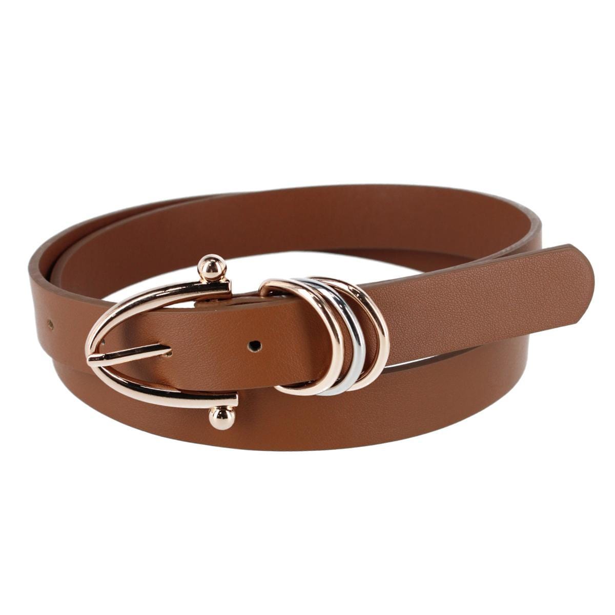 CTM® Women's Skinny Dress Belt with Triple Ring Detail - Light Brown with Gold Buckle
