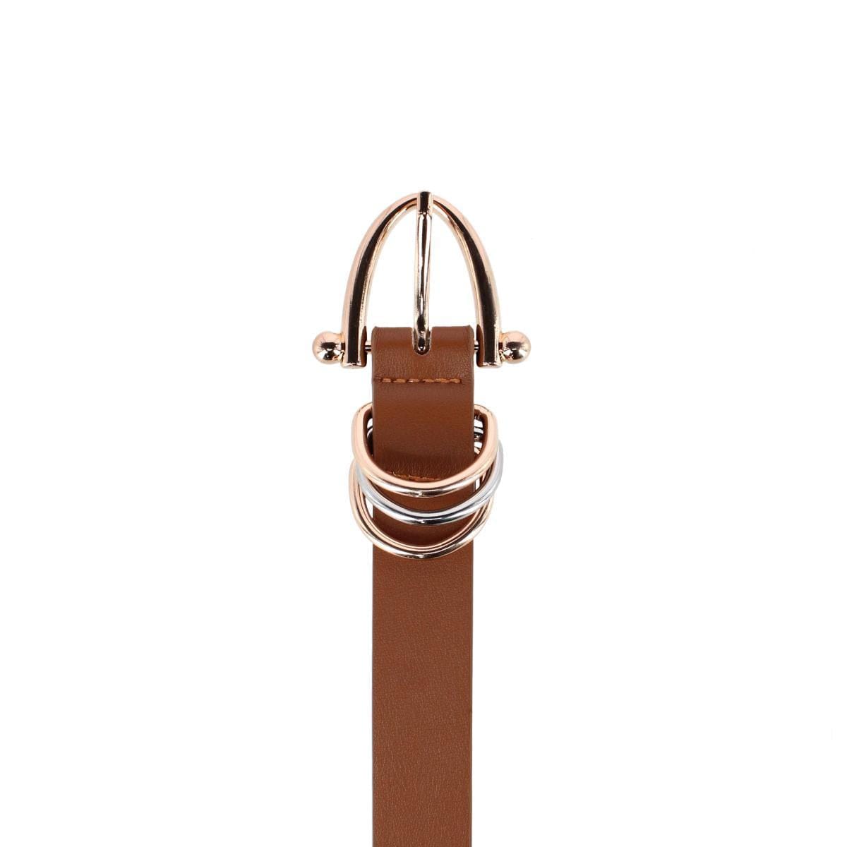 CTM® Women's Skinny Dress Belt with Triple Ring Detail - Light Brown with Gold Buckle
