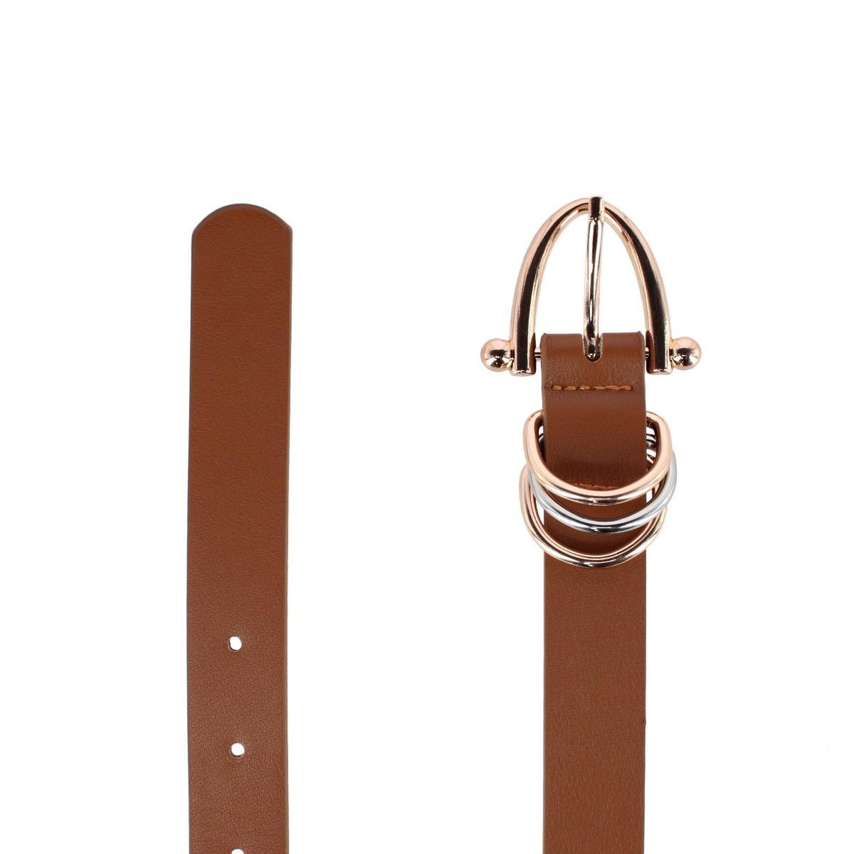 CTM® Women's Skinny Dress Belt with Triple Ring Detail - Light Brown with Gold Buckle