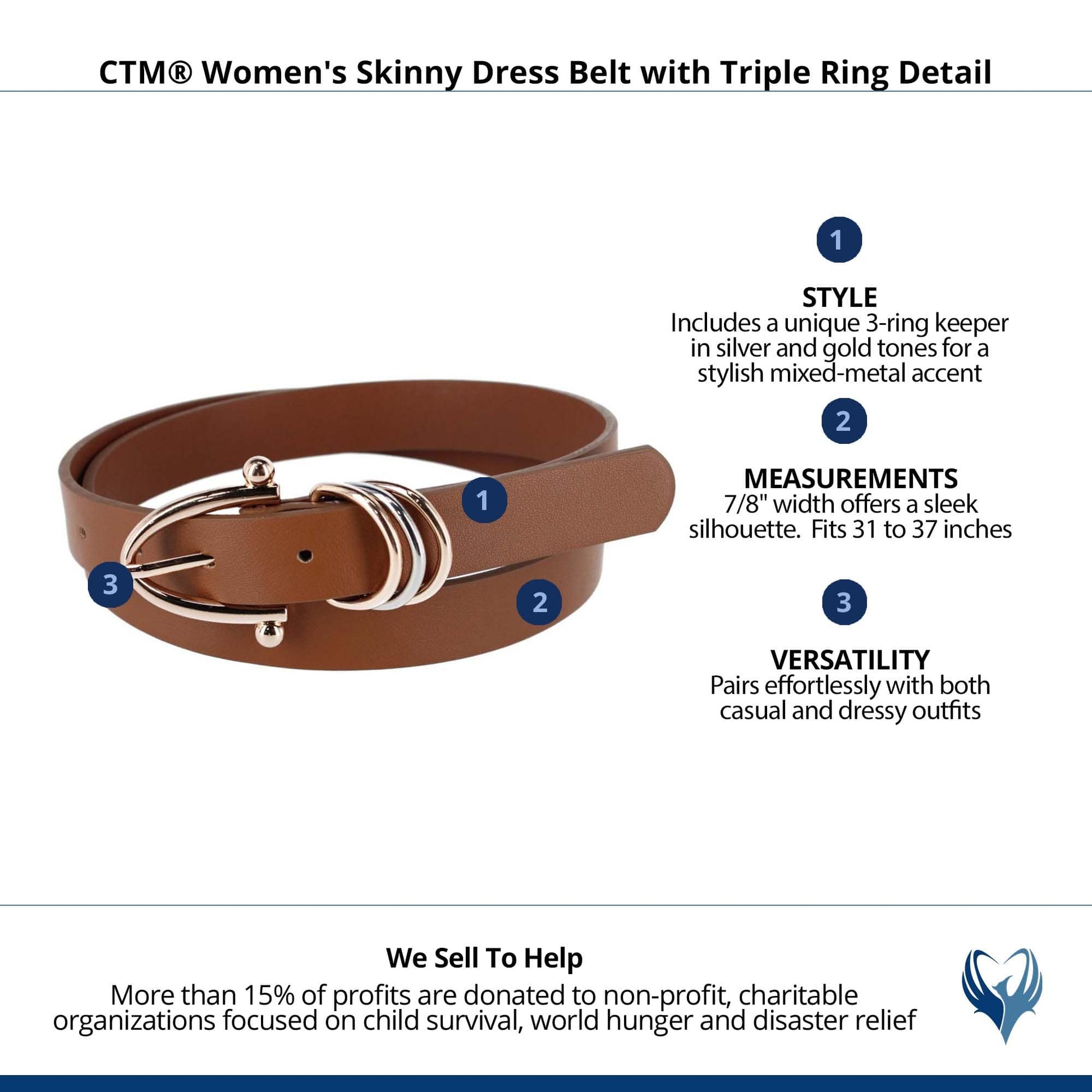 CTM® Women's Skinny Dress Belt with Triple Ring Detail - Light Brown with Gold Buckle