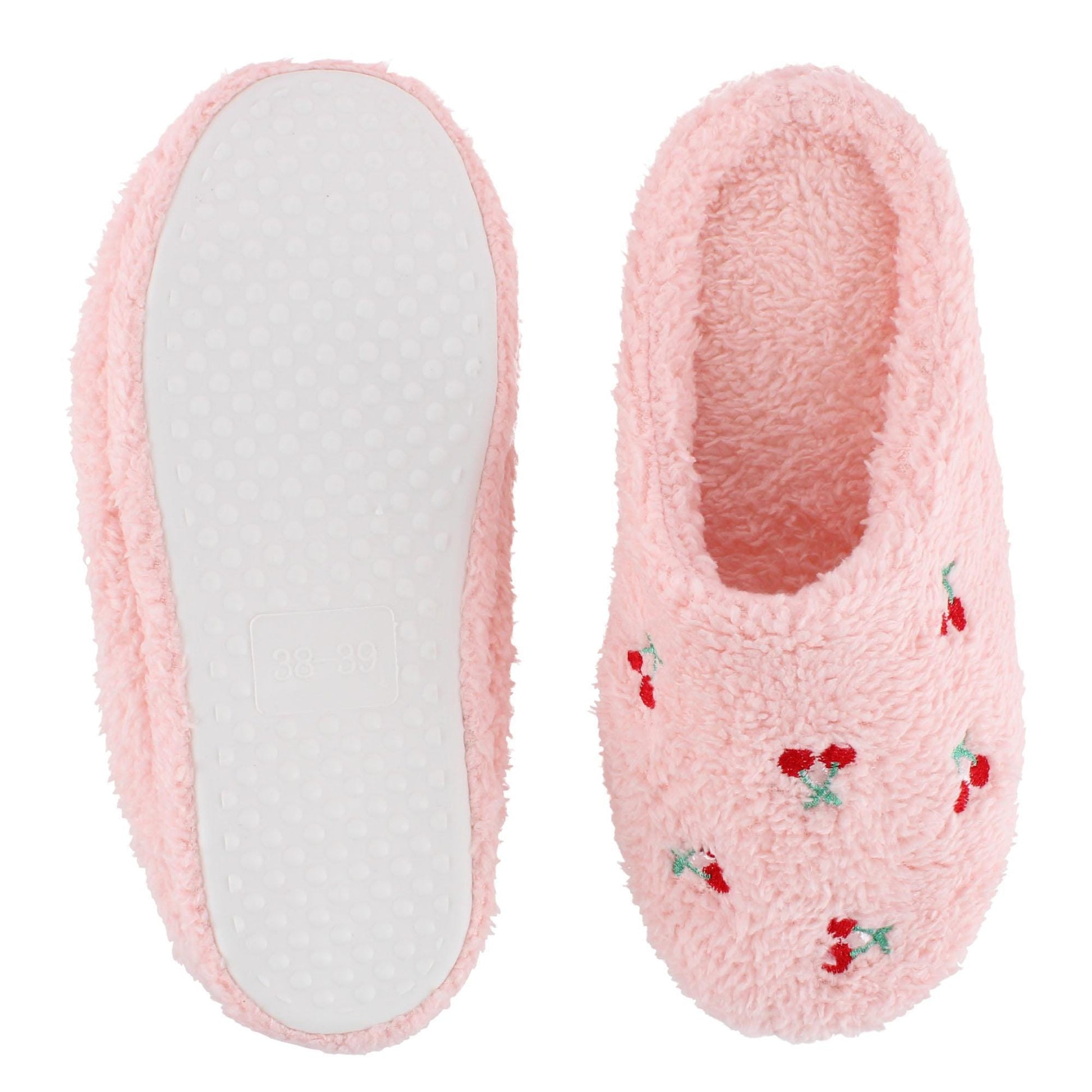 CTM® Women's Cherry Pattern Fur Slippers - Pink