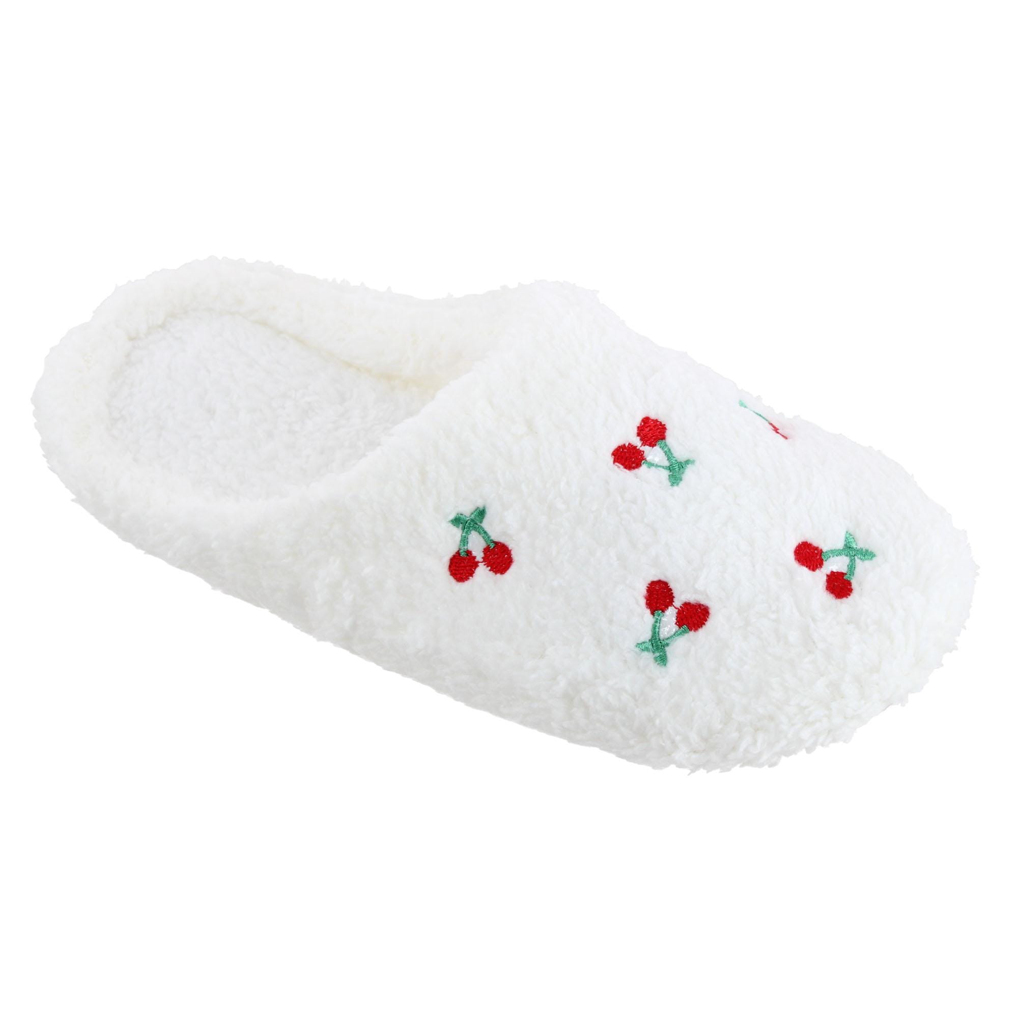 CTM® Women's Cherry Pattern Fur Slippers - White