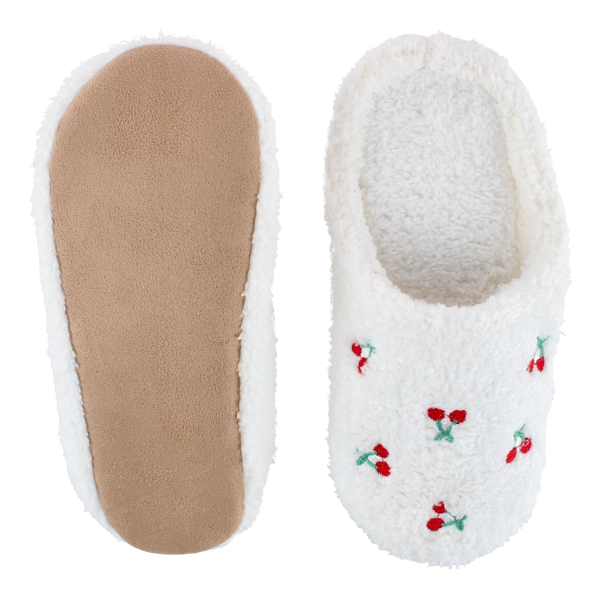 CTM® Women's Cherry Pattern Fur Slippers - White
