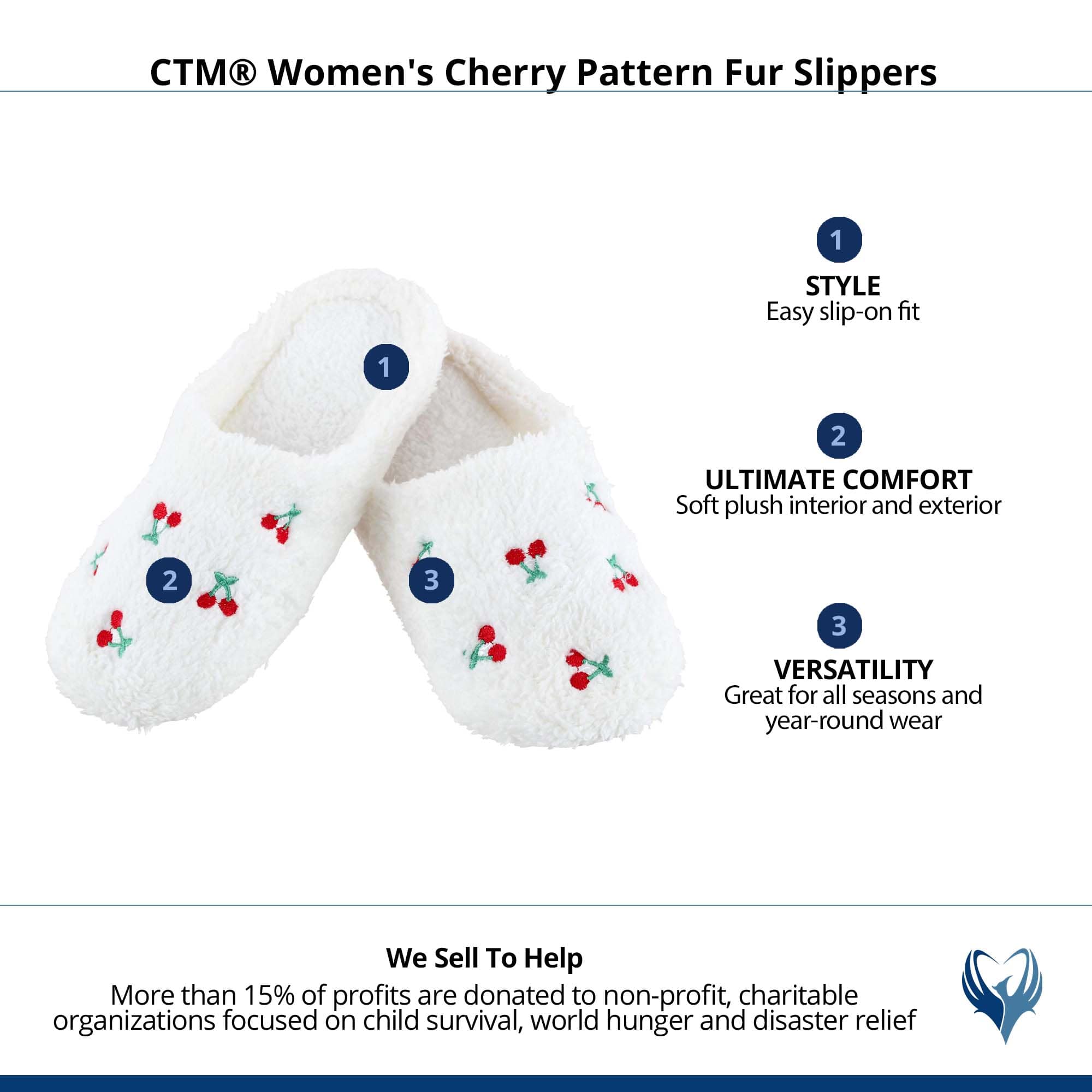 CTM® Women's Cherry Pattern Fur Slippers - White
